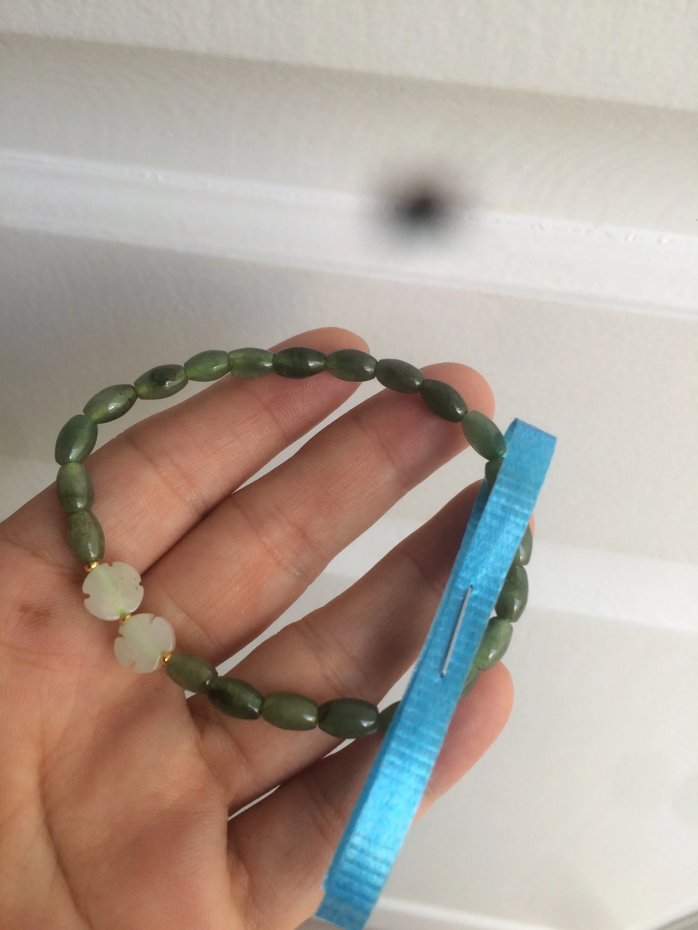 100% natural green/white Icy watery type A jadeite jade olive ancient Chinese coin/four-leaf clover bead bracelet  AS32