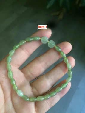 100% natural green/white Icy watery type A jadeite jade olive ancient Chinese coin/four-leaf clover bead bracelet  AS32