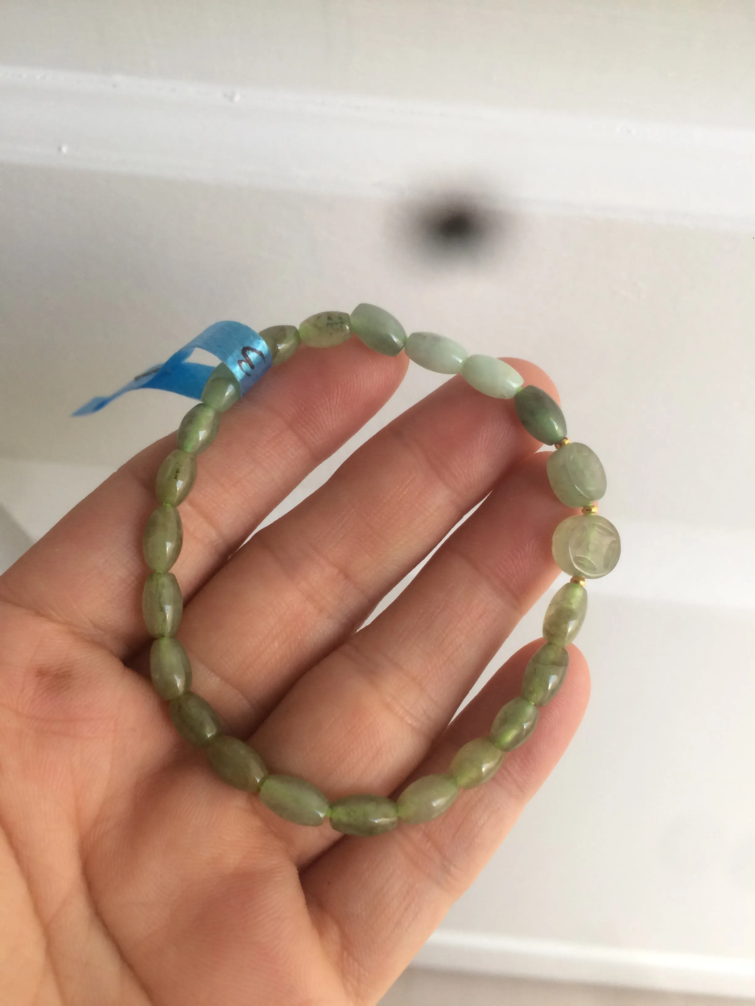 100% natural green/white Icy watery type A jadeite jade olive ancient Chinese coin/four-leaf clover bead bracelet  AS32