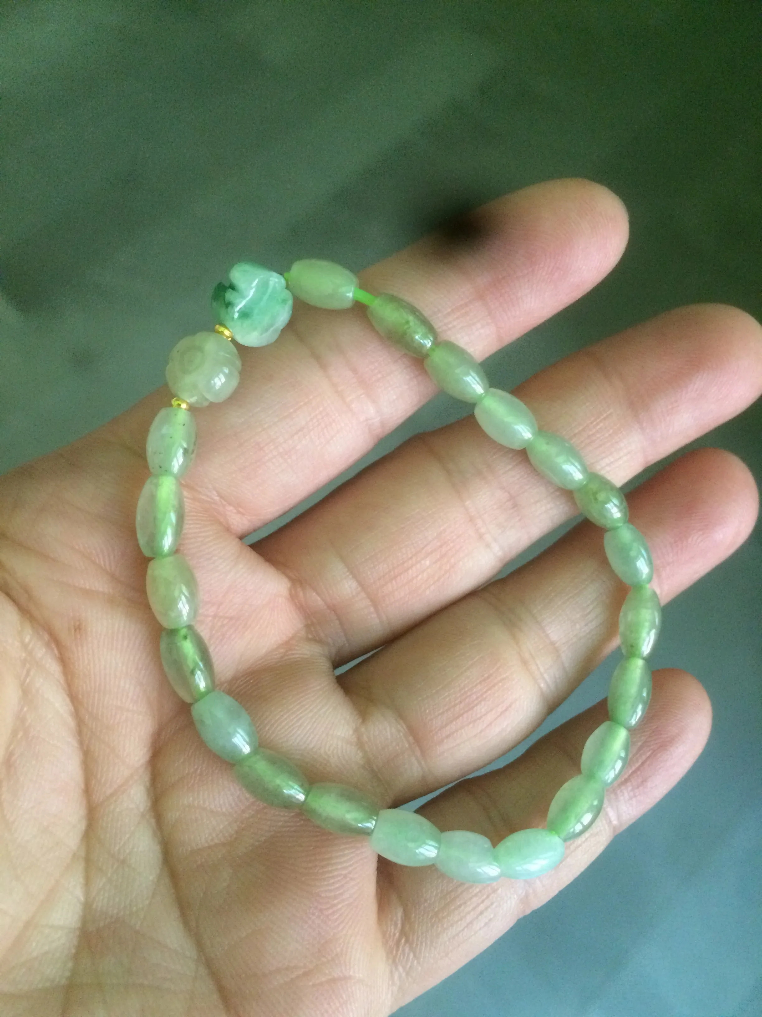 100% natural green/white Icy watery type A jadeite jade olive ancient Chinese coin/four-leaf clover bead bracelet  AS32