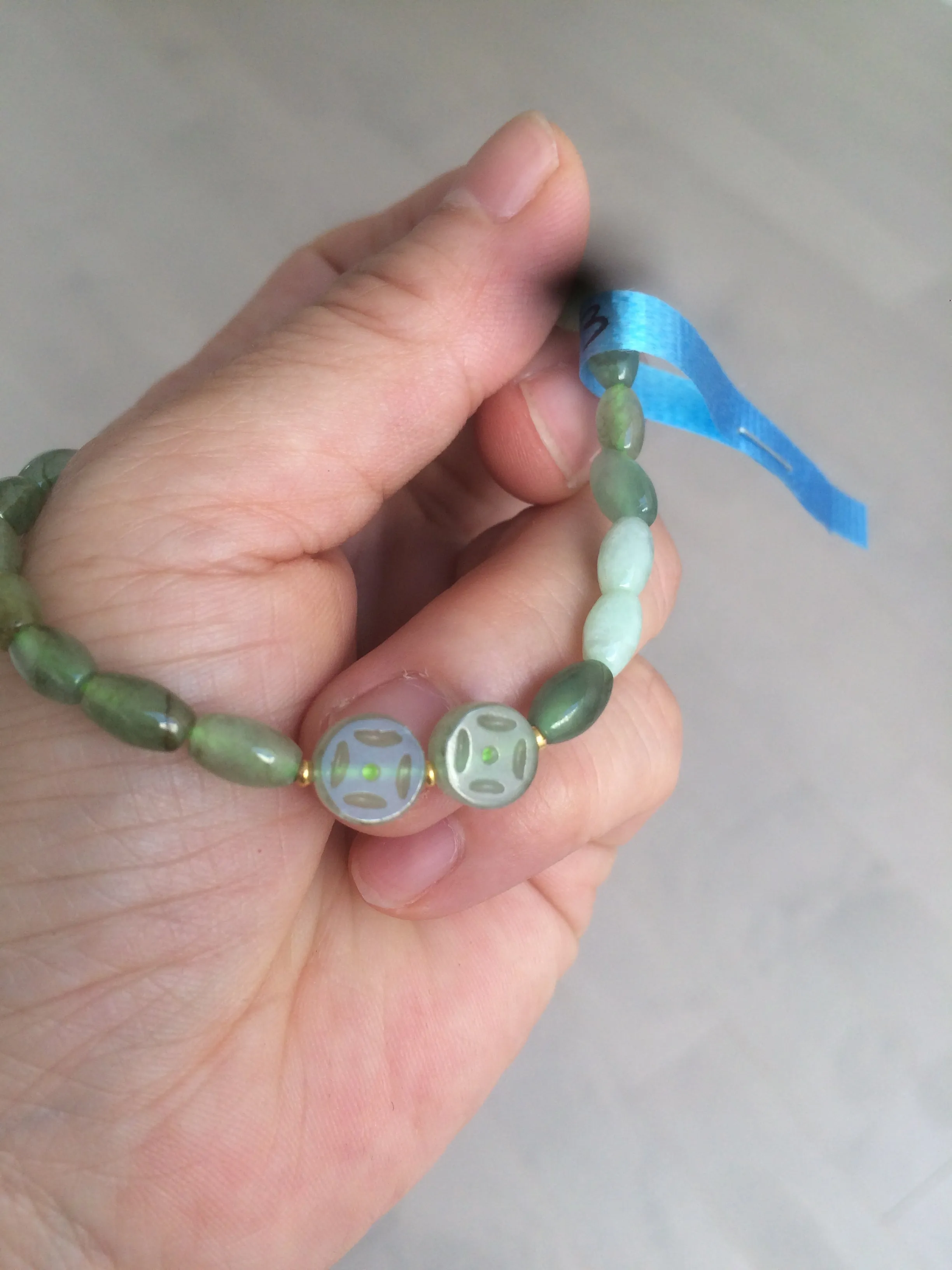 100% natural green/white Icy watery type A jadeite jade olive ancient Chinese coin/four-leaf clover bead bracelet  AS32