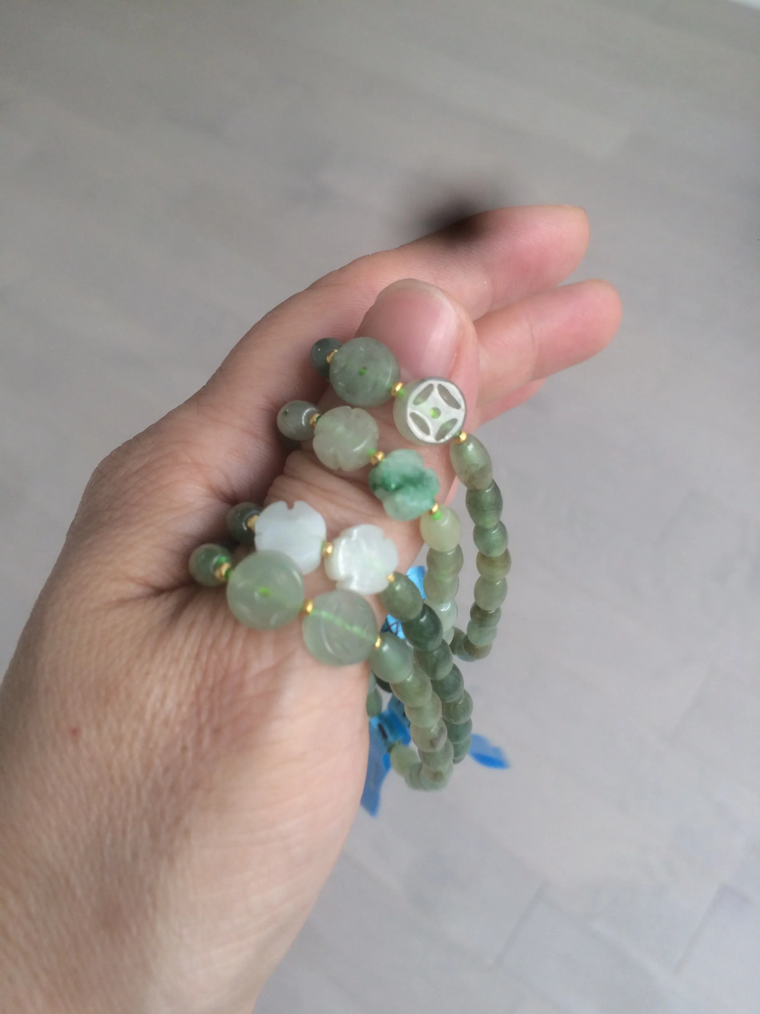 100% natural green/white Icy watery type A jadeite jade olive ancient Chinese coin/four-leaf clover bead bracelet  AS32