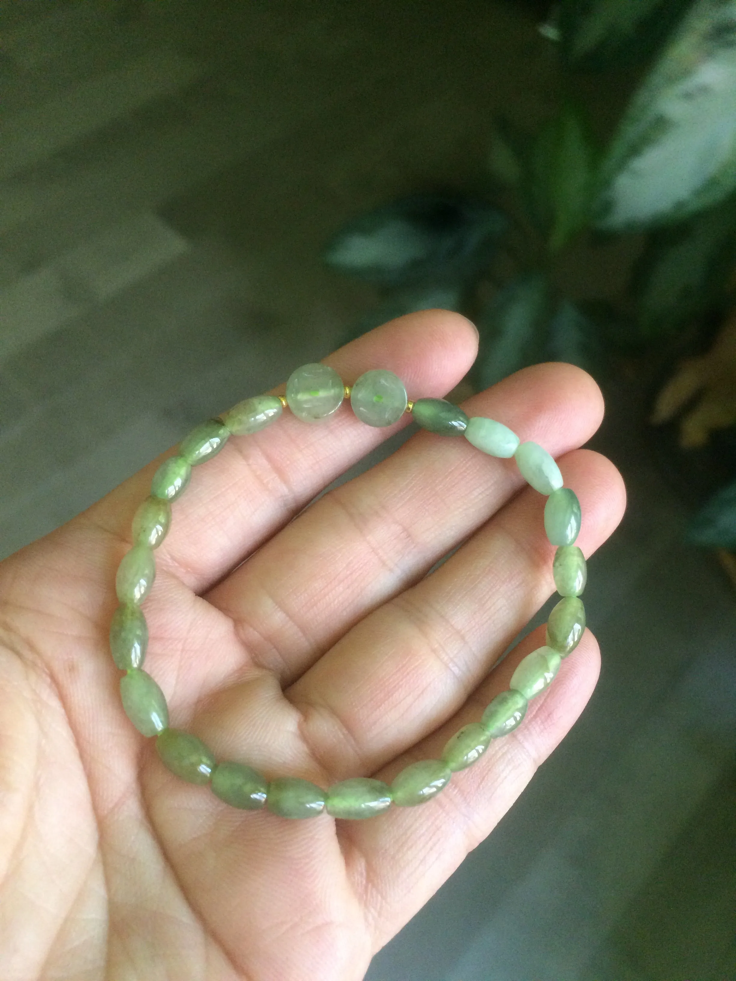 100% natural green/white Icy watery type A jadeite jade olive ancient Chinese coin/four-leaf clover bead bracelet  AS32