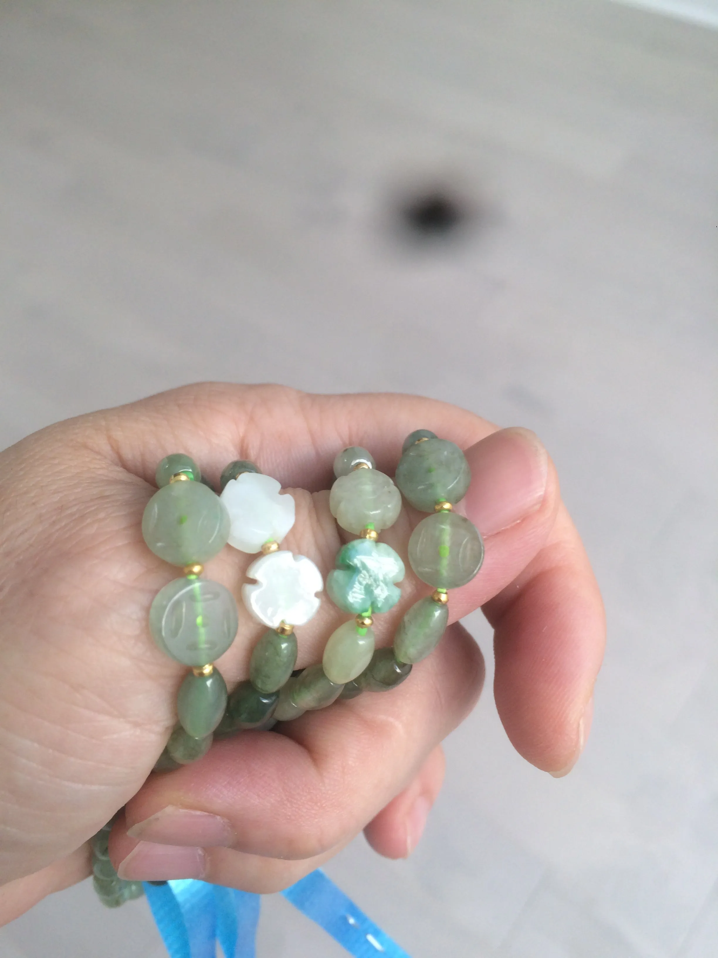 100% natural green/white Icy watery type A jadeite jade olive ancient Chinese coin/four-leaf clover bead bracelet  AS32