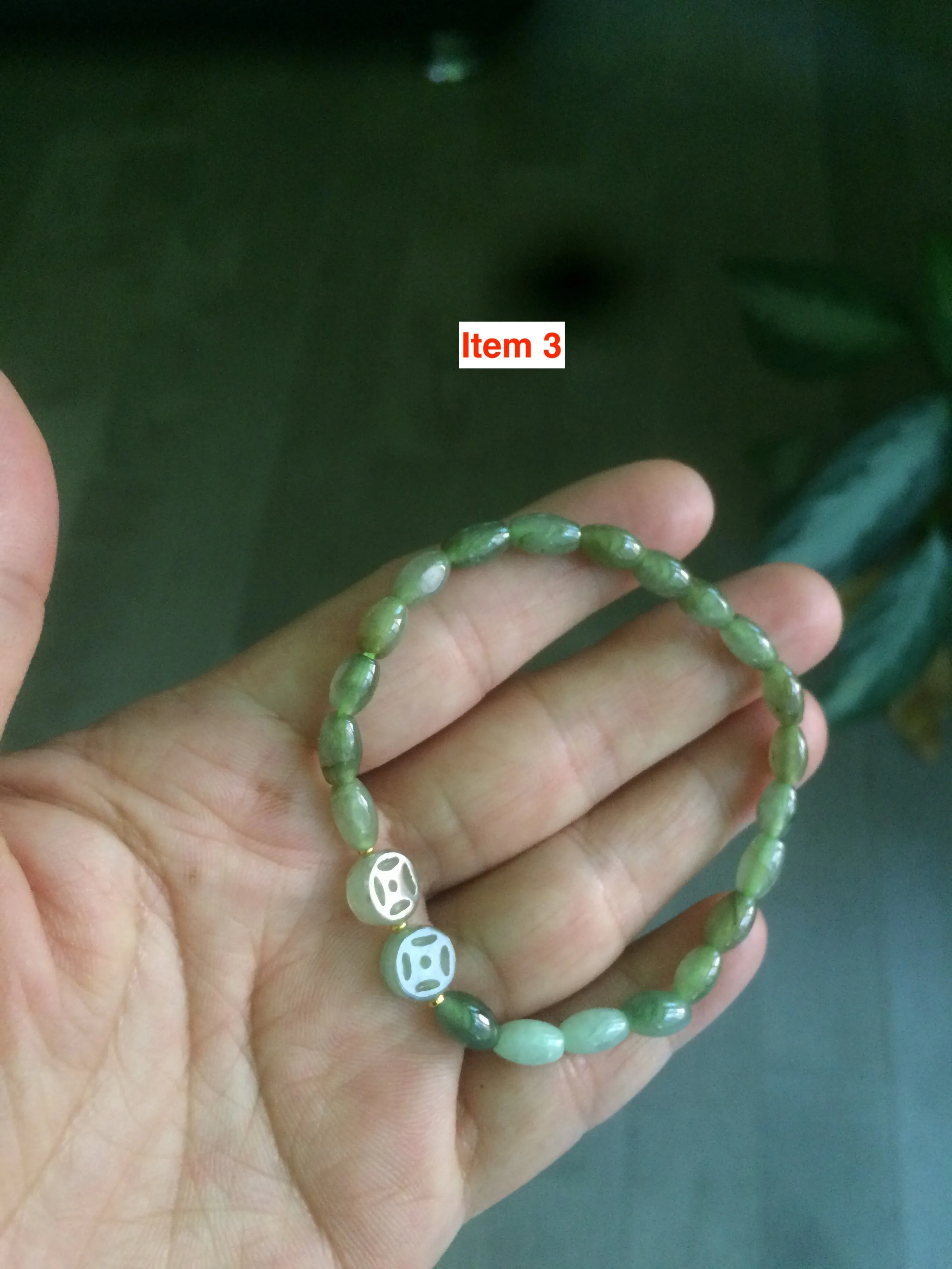 100% natural green/white Icy watery type A jadeite jade olive ancient Chinese coin/four-leaf clover bead bracelet  AS32