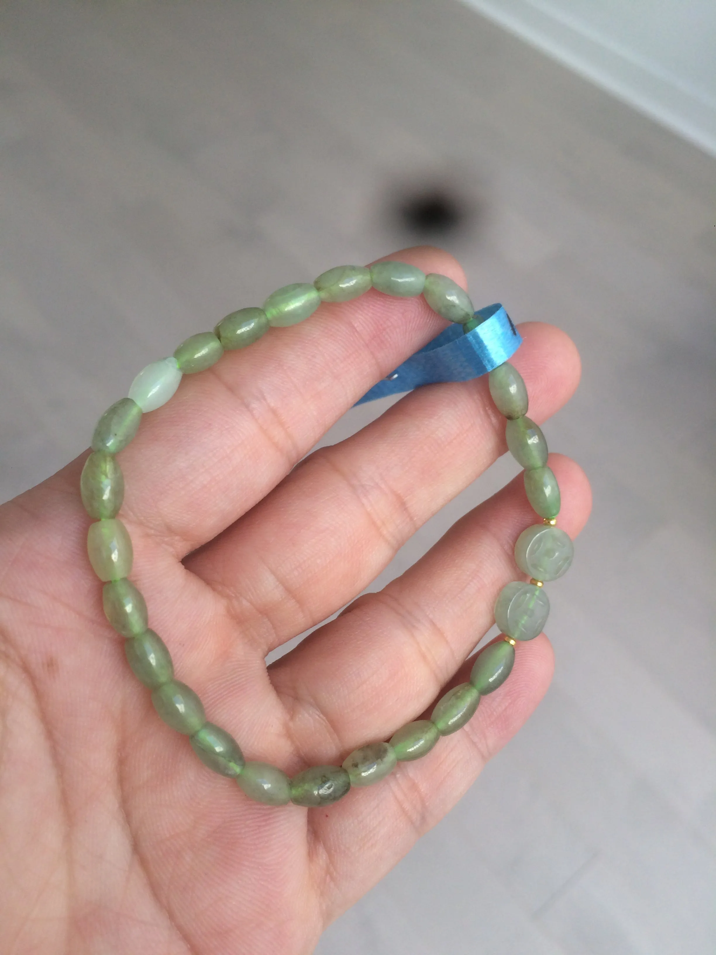 100% natural green/white Icy watery type A jadeite jade olive ancient Chinese coin/four-leaf clover bead bracelet  AS32