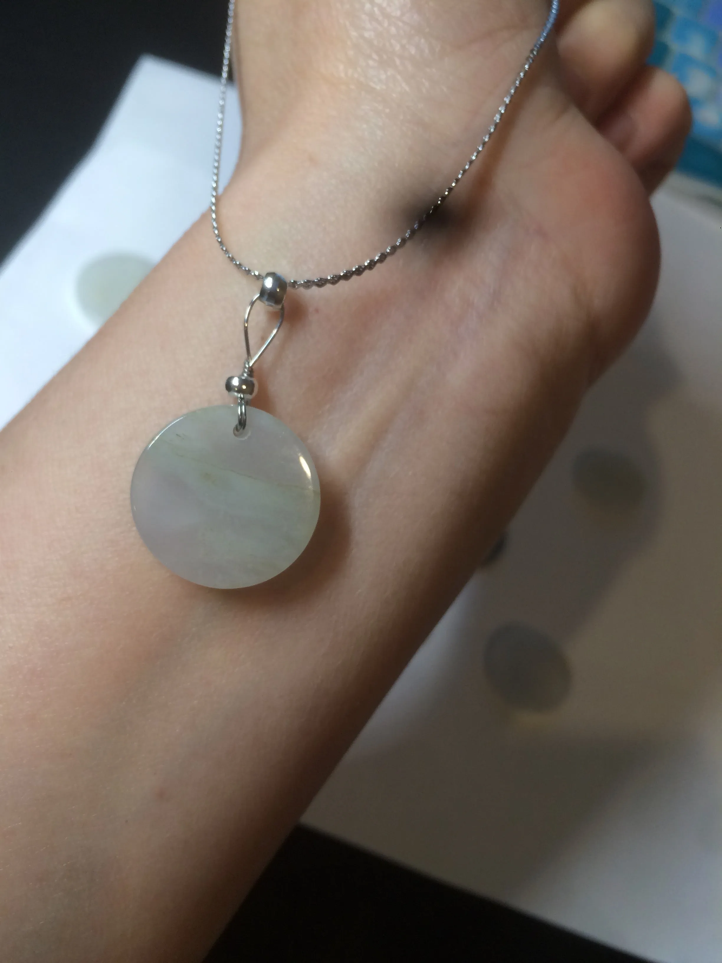 100% Natural icy watery white/light green jadeite Jade round disc Pendant/worry stone BF99