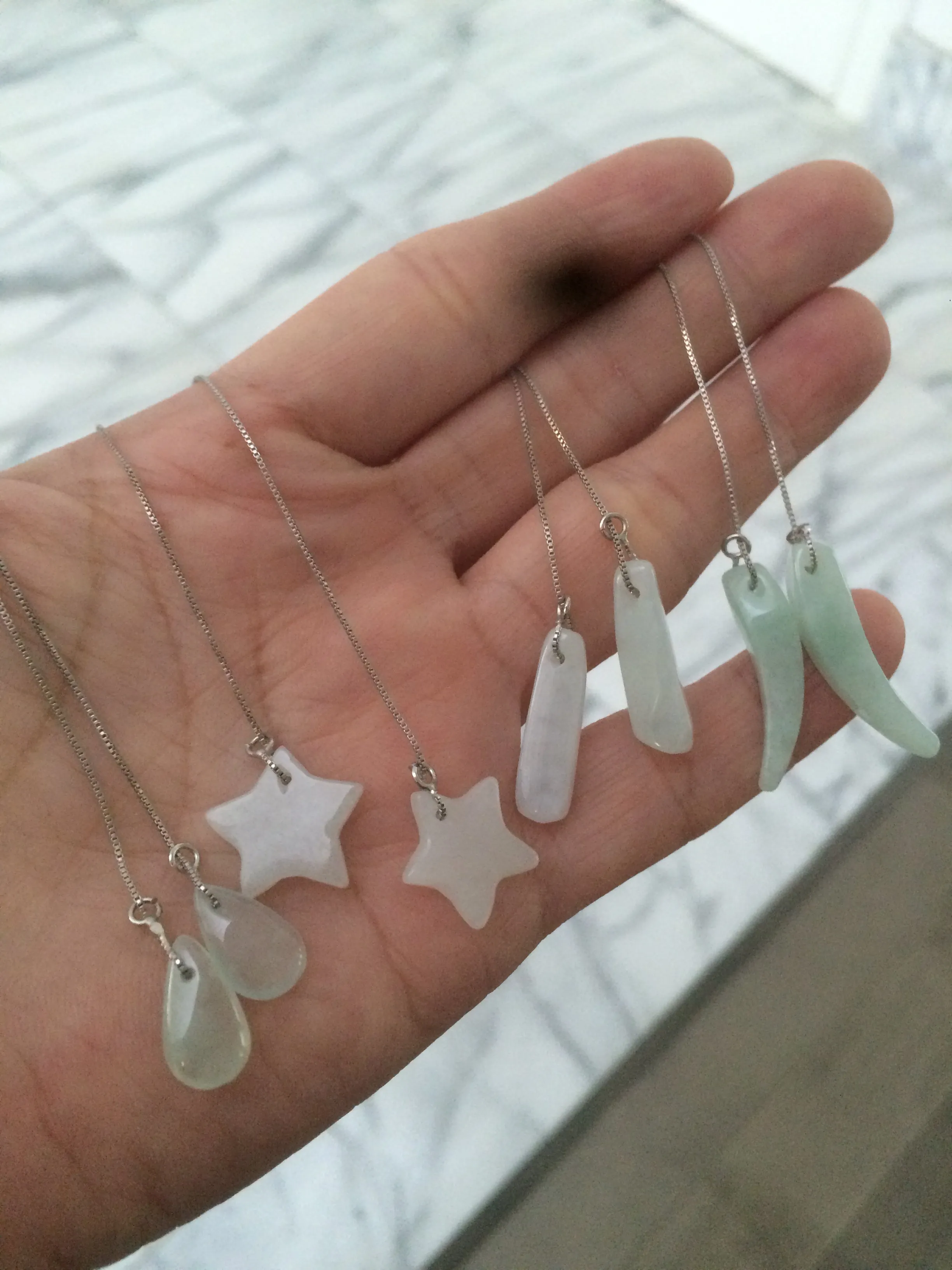 100% Natural type A icy green/white jadeite Jade stars/water drop/wolf's fang dangling earring Q84 (add on item, Not sale individually.)