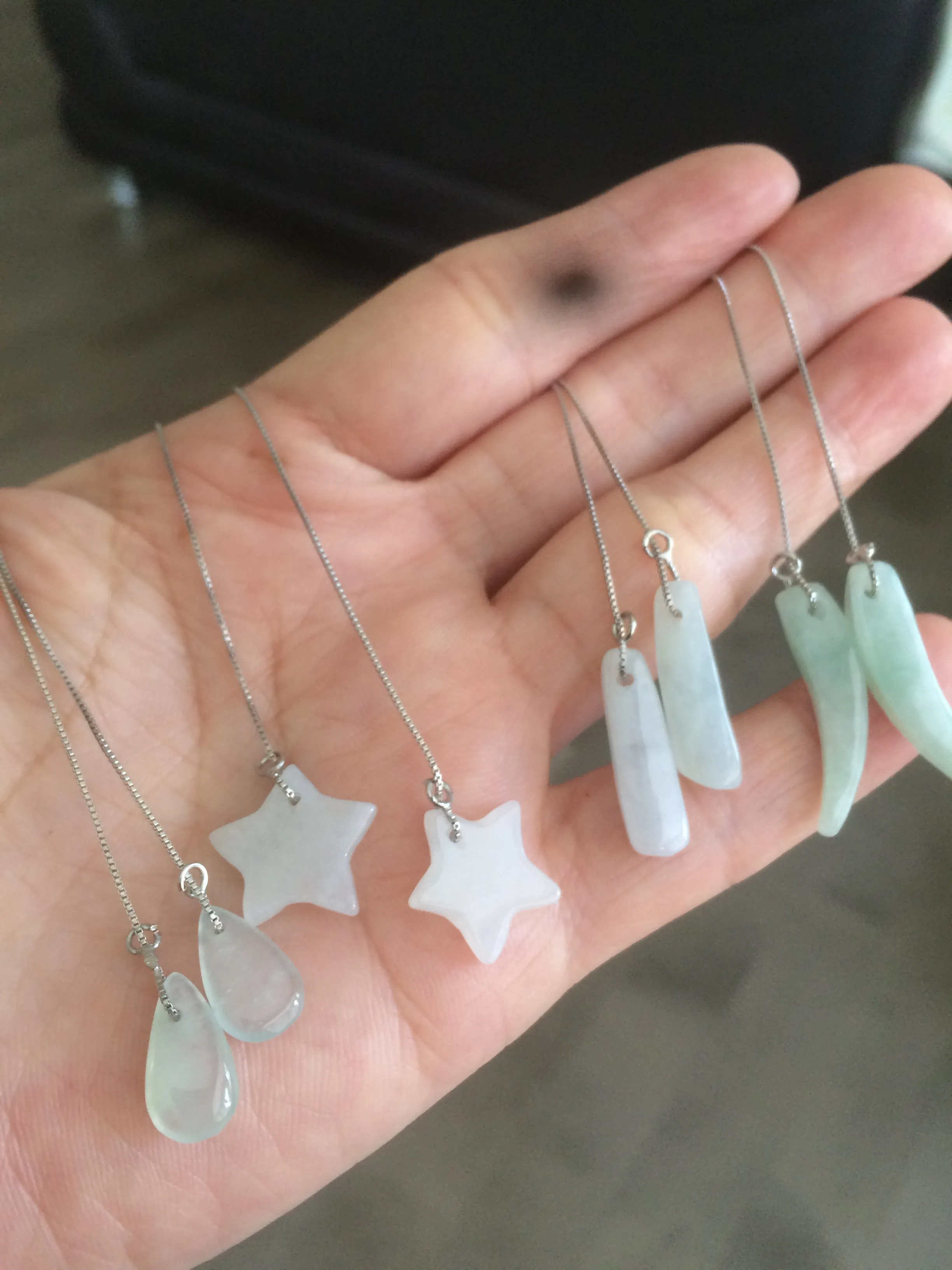 100% Natural type A icy green/white jadeite Jade stars/water drop/wolf's fang dangling earring Q84 (add on item, Not sale individually.)