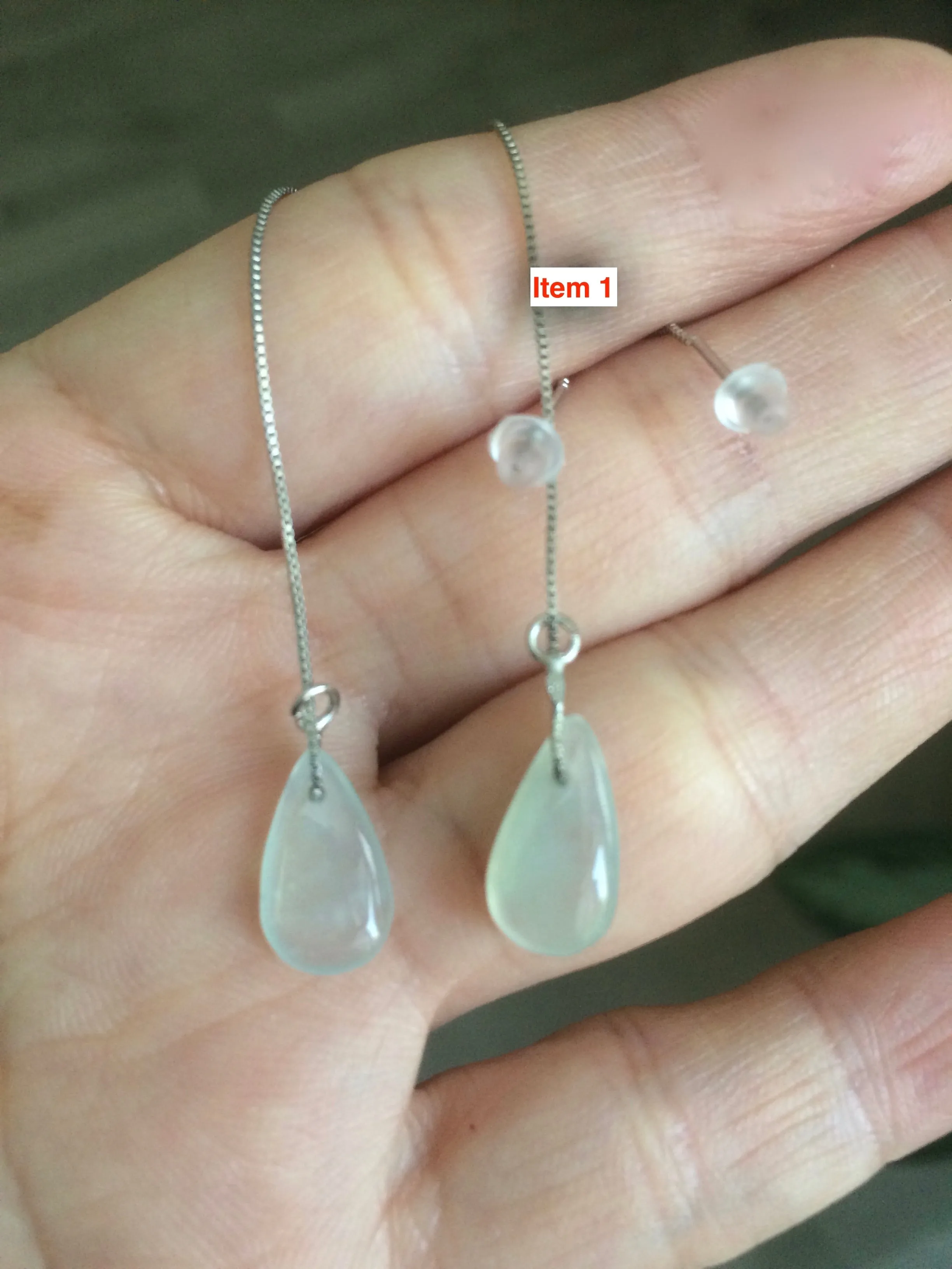 100% Natural type A icy green/white jadeite Jade stars/water drop/wolf's fang dangling earring Q84 (add on item, Not sale individually.)