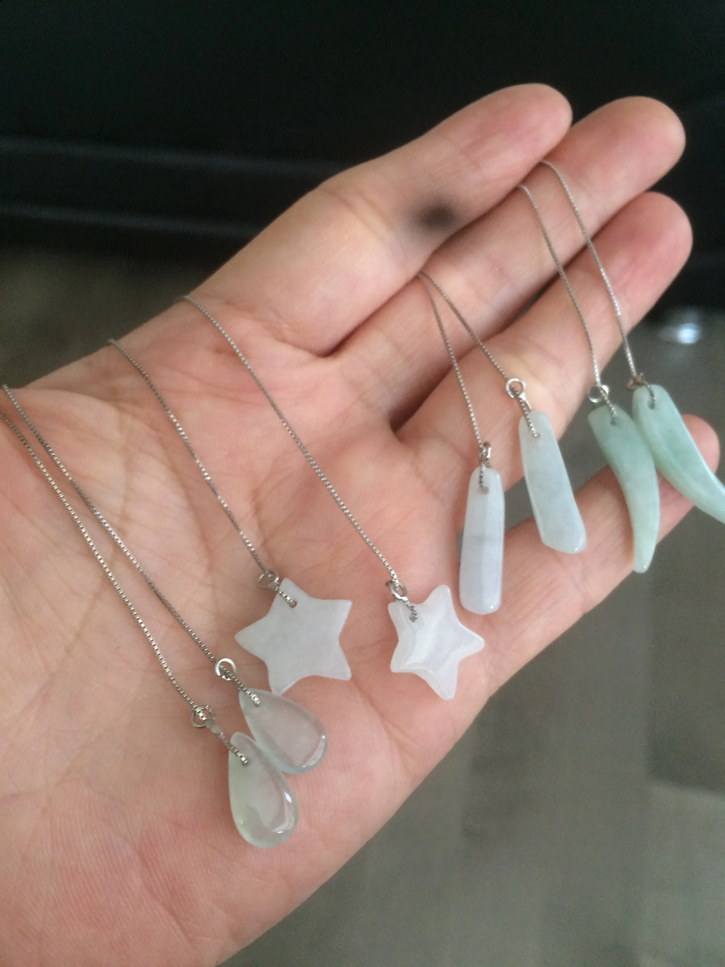 100% Natural type A icy green/white jadeite Jade stars/water drop/wolf's fang dangling earring Q84 (add on item, Not sale individually.)