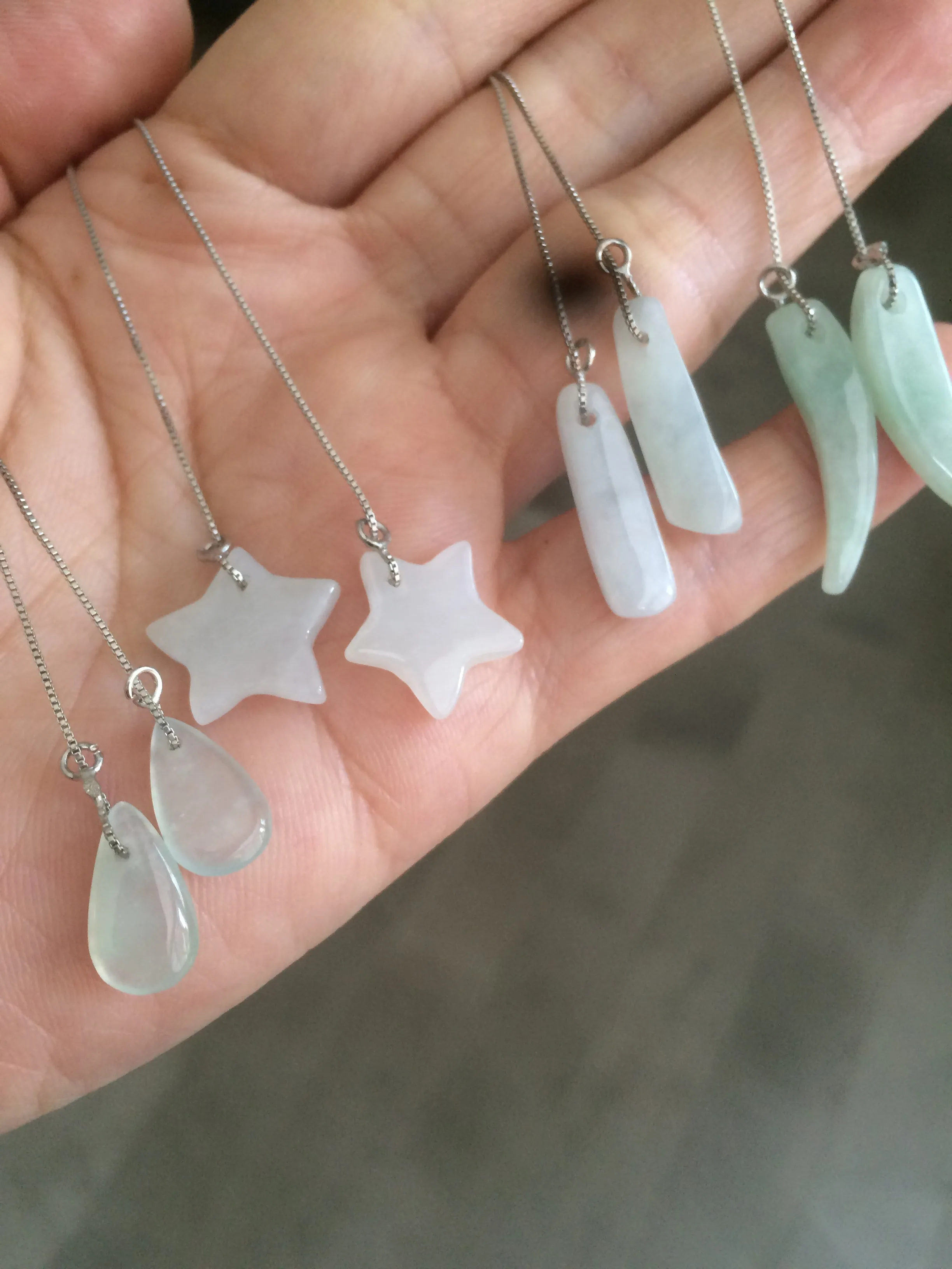 100% Natural type A icy green/white jadeite Jade stars/water drop/wolf's fang dangling earring Q84 (add on item, Not sale individually.)