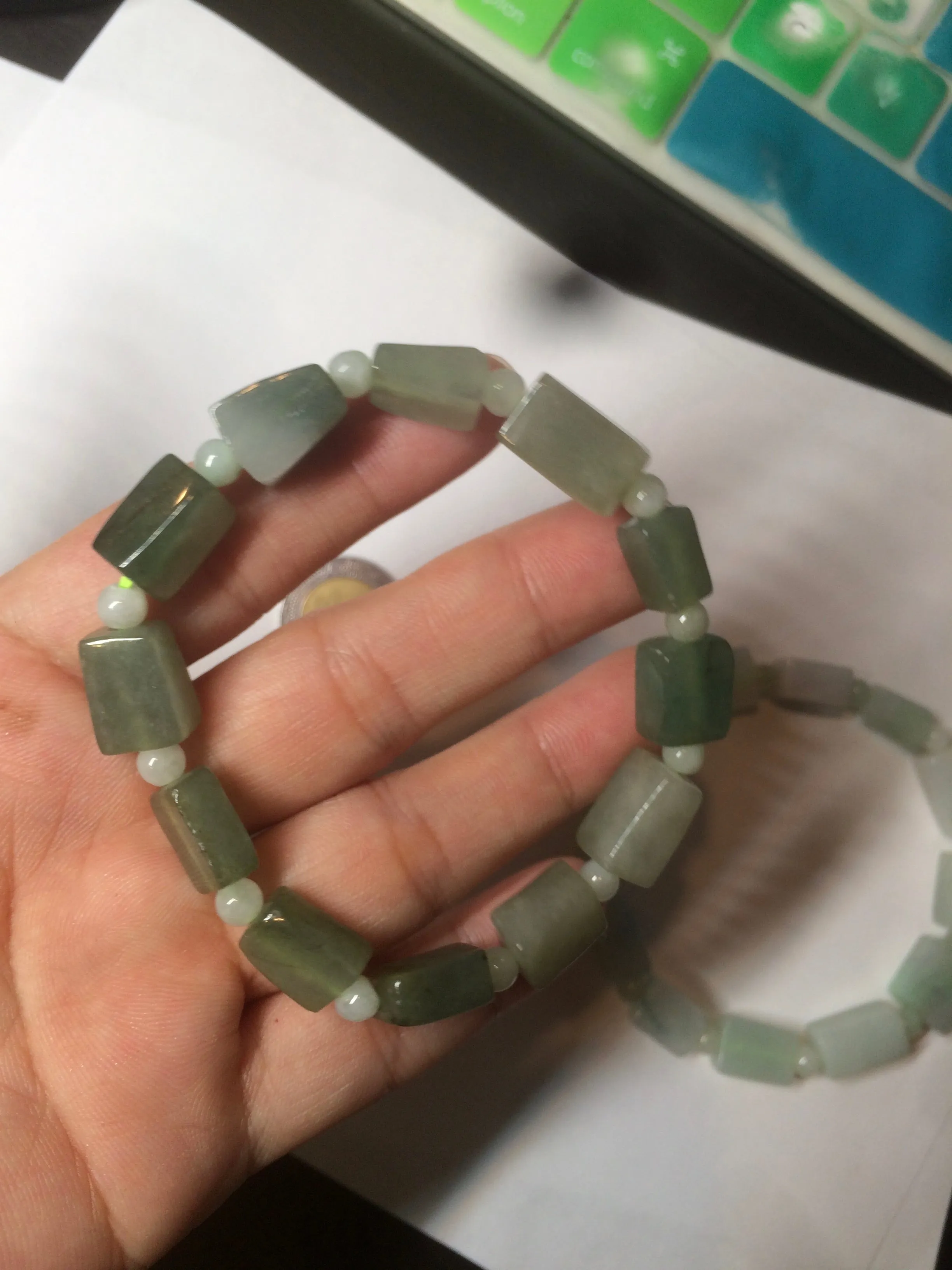 Premium Quality Type A 100% Natural Jadeite Jade Bead Bracelet - Dual Tone Dark Green/Light Green - AR89