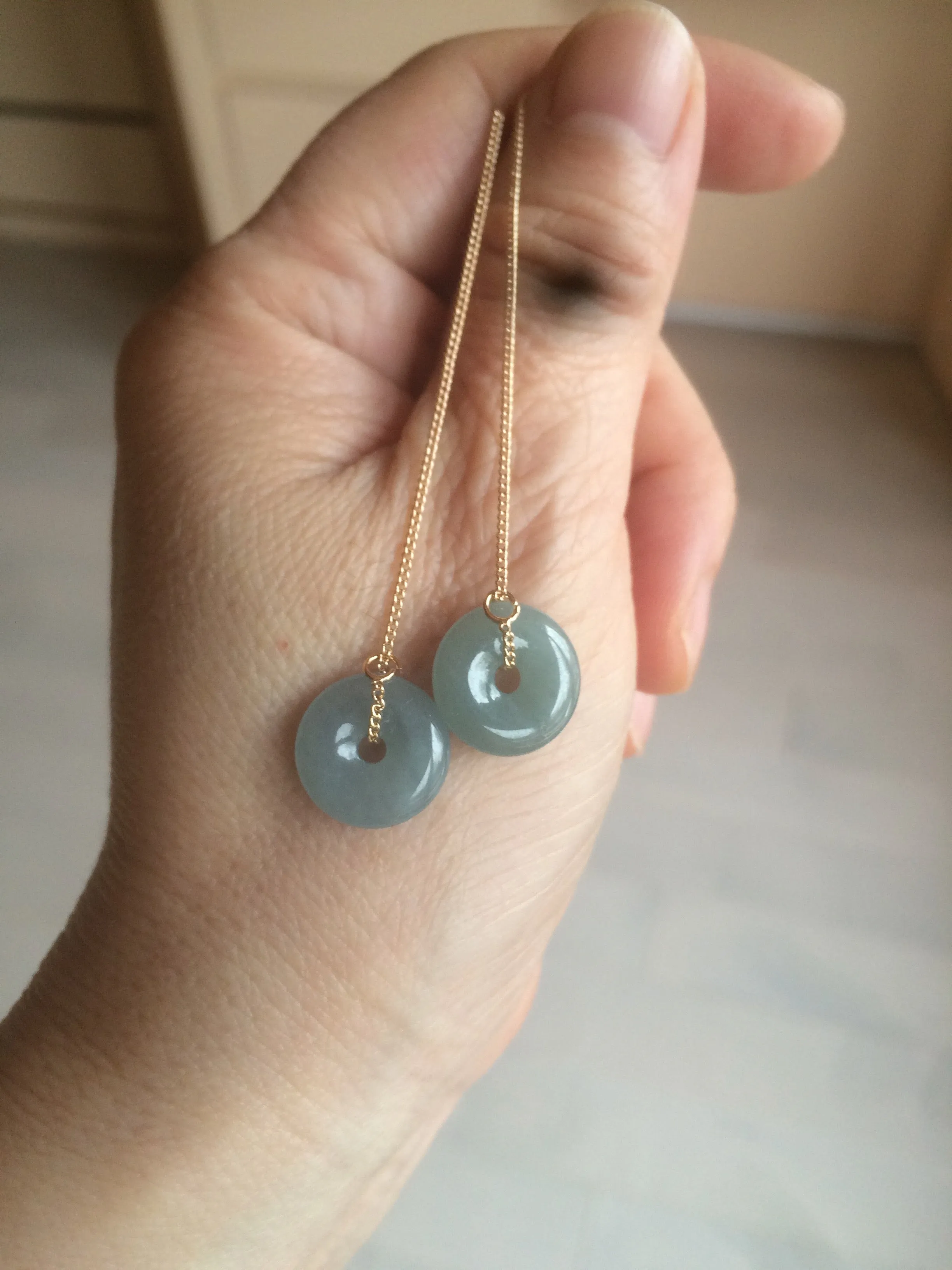 12.5mm 100% Natural blue gray green safe and sound donut button Guatemala jadeite Jade dangling earring AM76