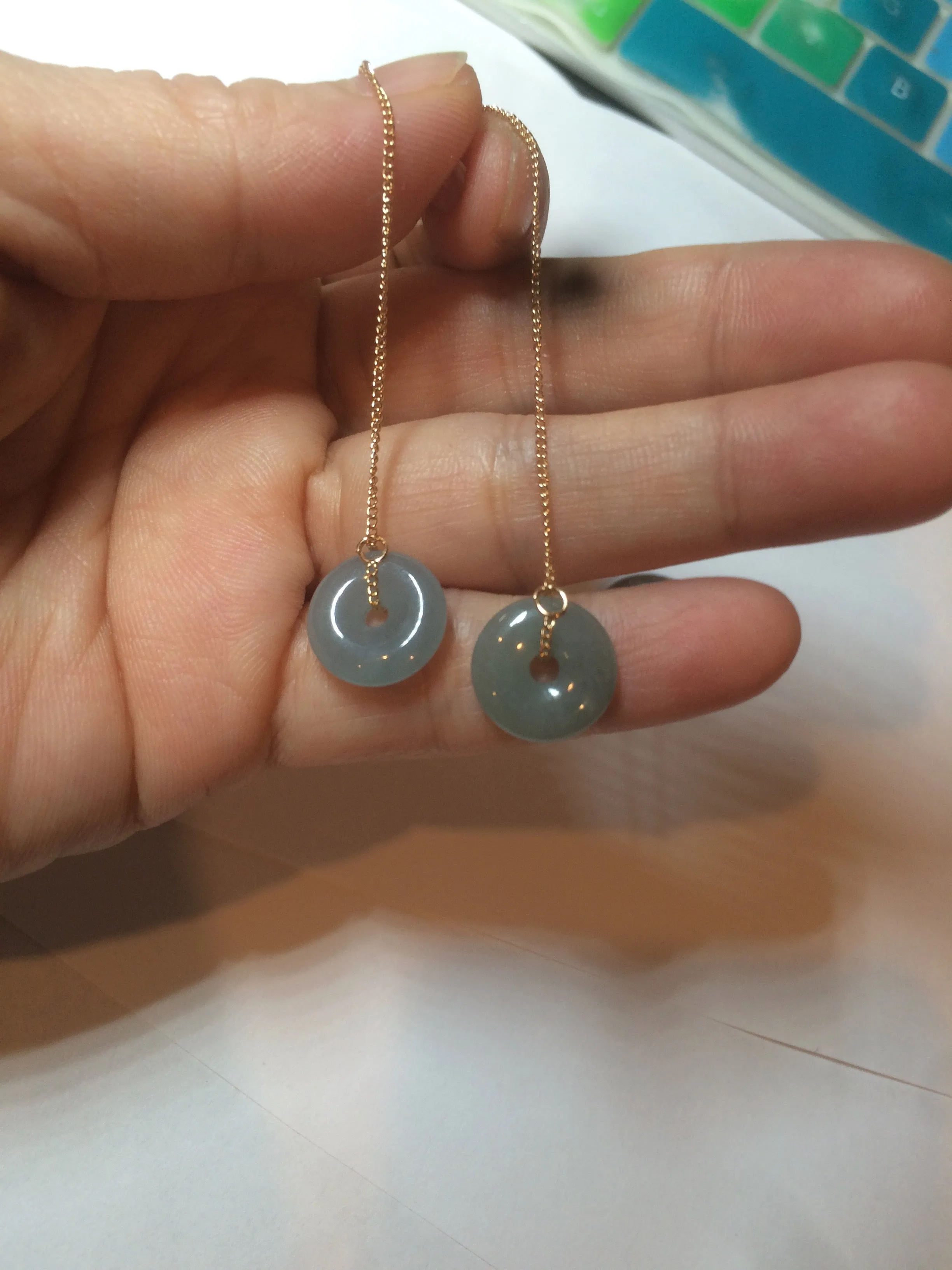 12.5mm 100% Natural blue gray green safe and sound donut button Guatemala jadeite Jade dangling earring AM76