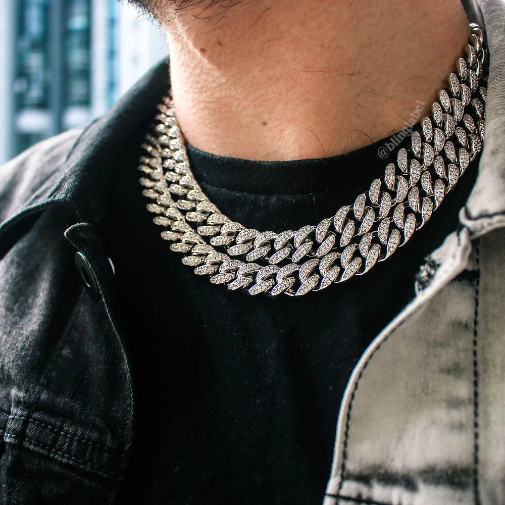 12mm Iced Out Cuban Link Choker Necklace in White Gold