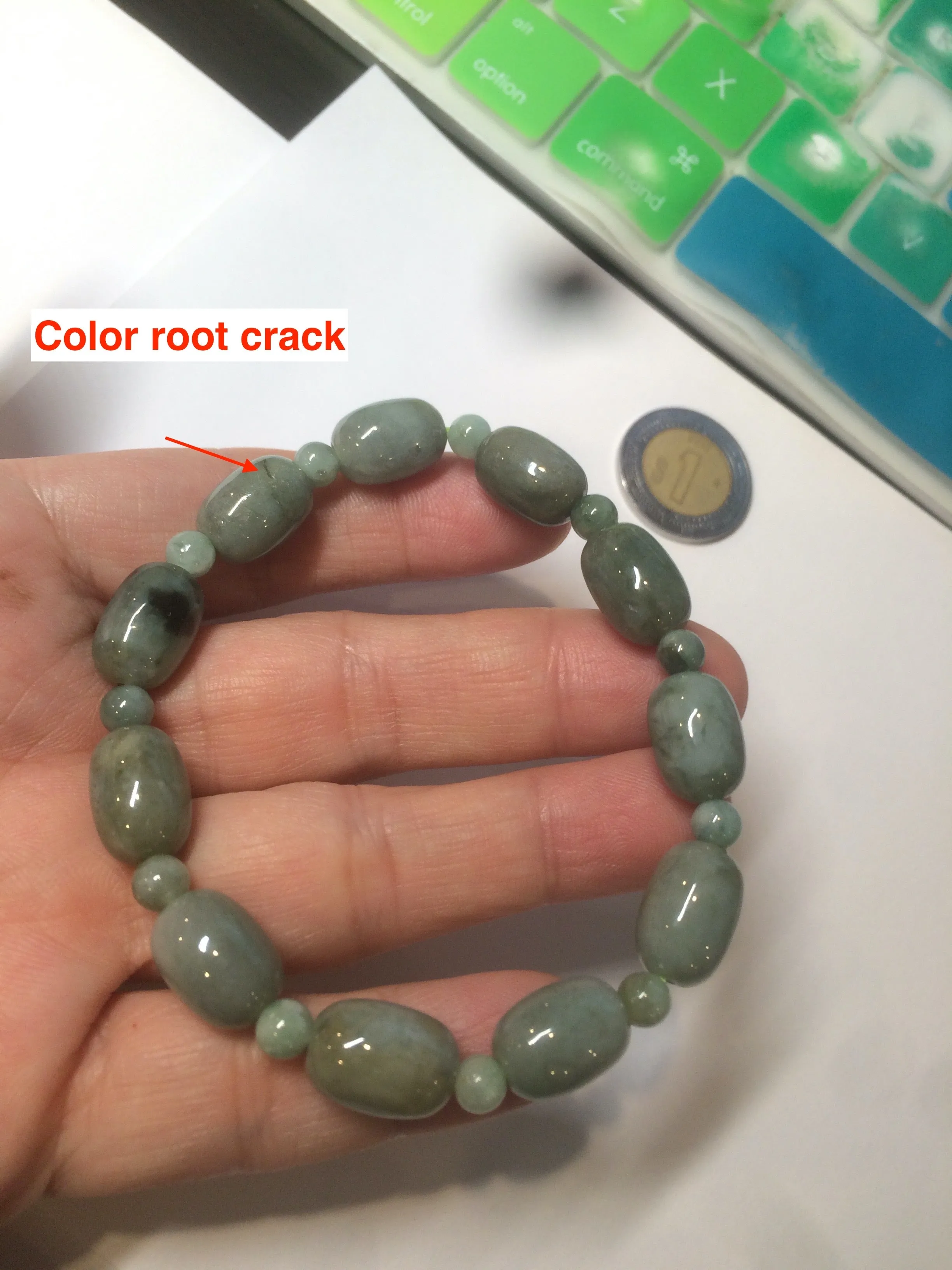 12x8.7mm 100% natural  type A green/dark green/white olive jadeite jade bead bracelet D73