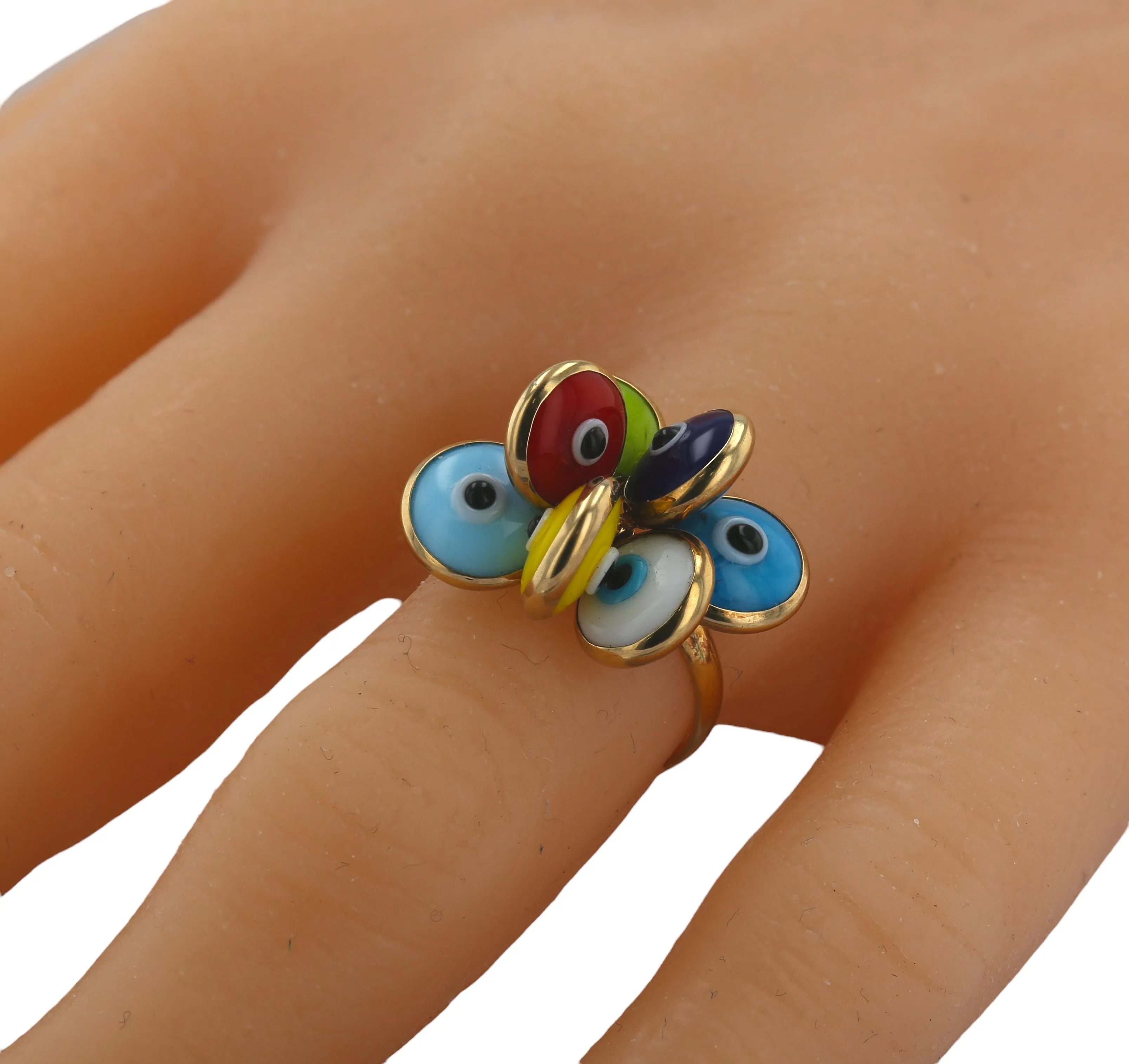 14K Yellow gold branch multicolor eyes ring-203351