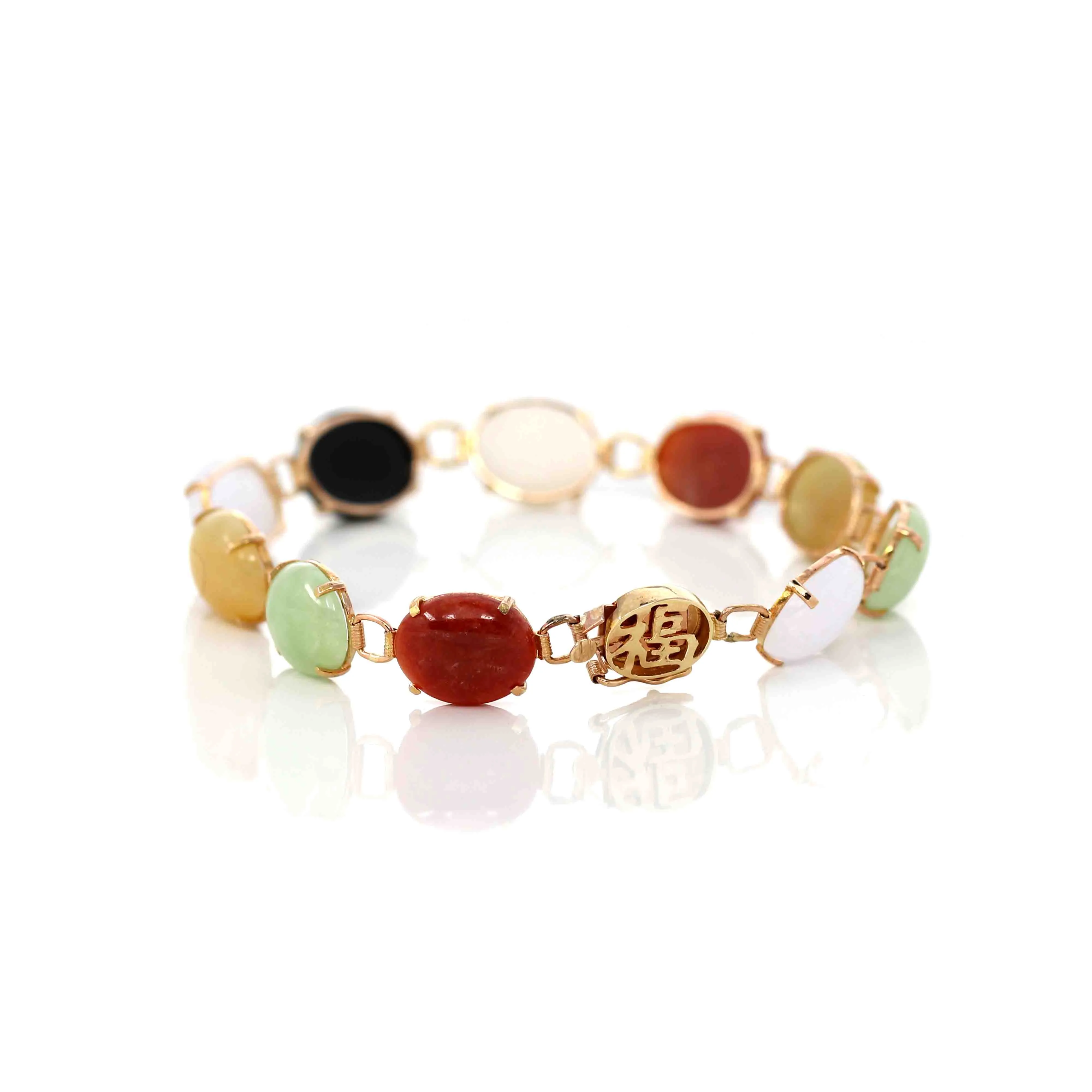 14k Yellow Gold Multi-Color Jadeite Jade Bracelet ( 7 in )