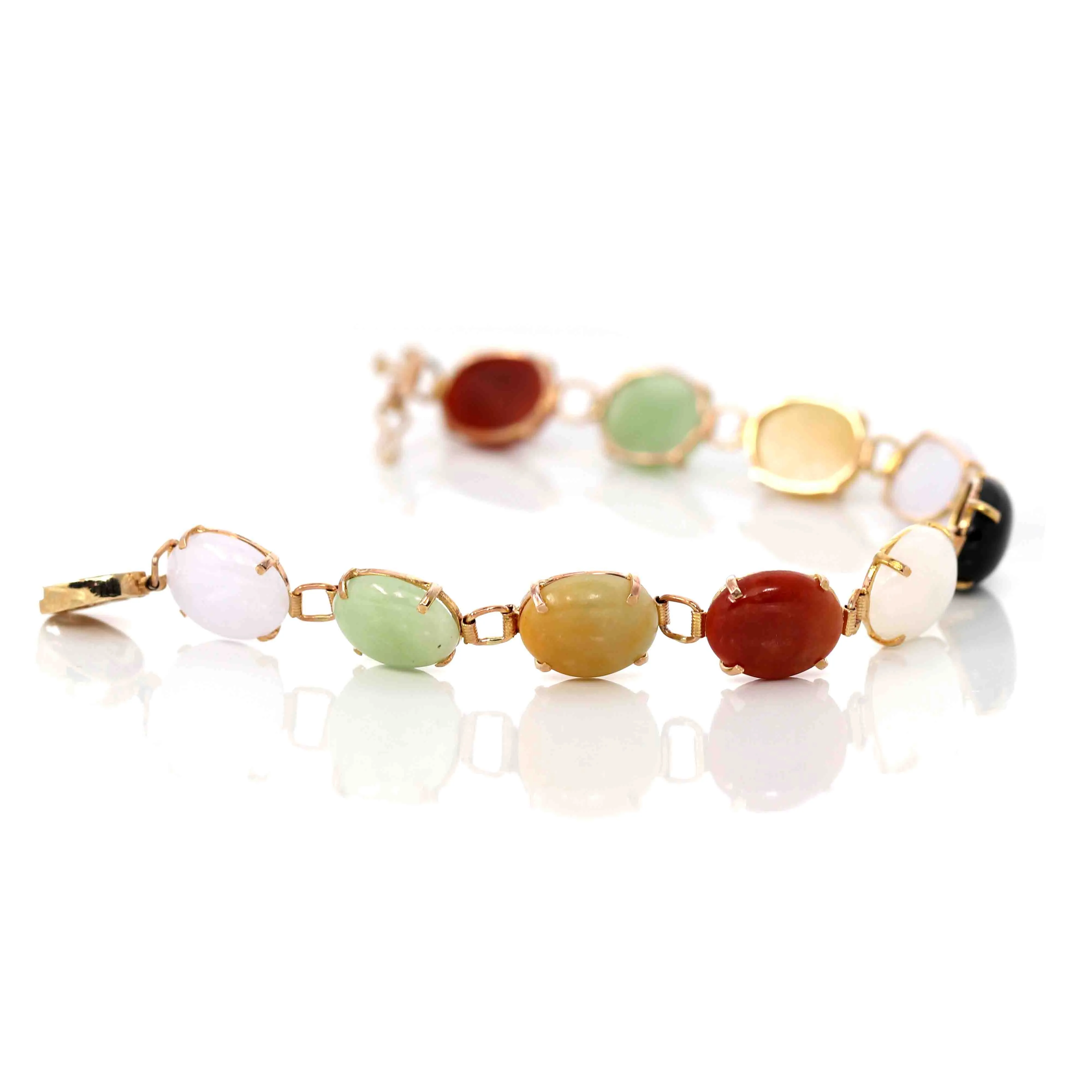 14k Yellow Gold Multi-Color Jadeite Jade Bracelet ( 7 in )