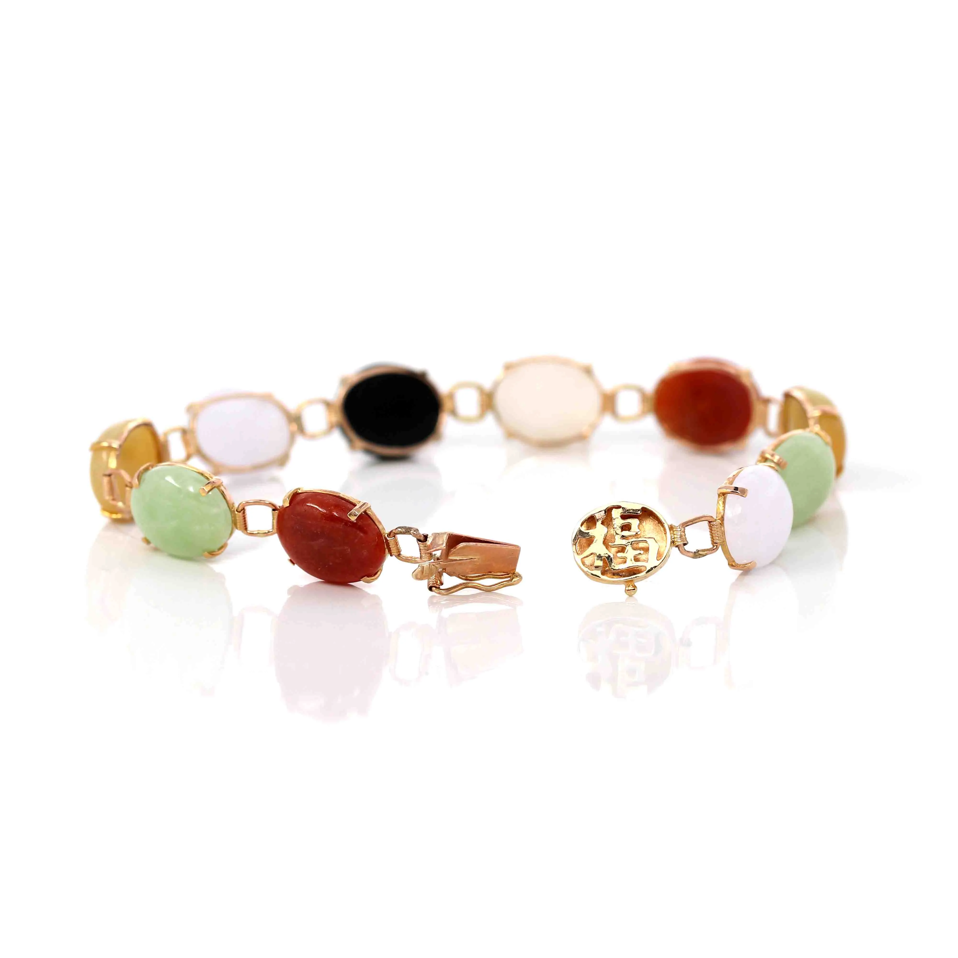 14k Yellow Gold Multi-Color Jadeite Jade Bracelet ( 7 in )