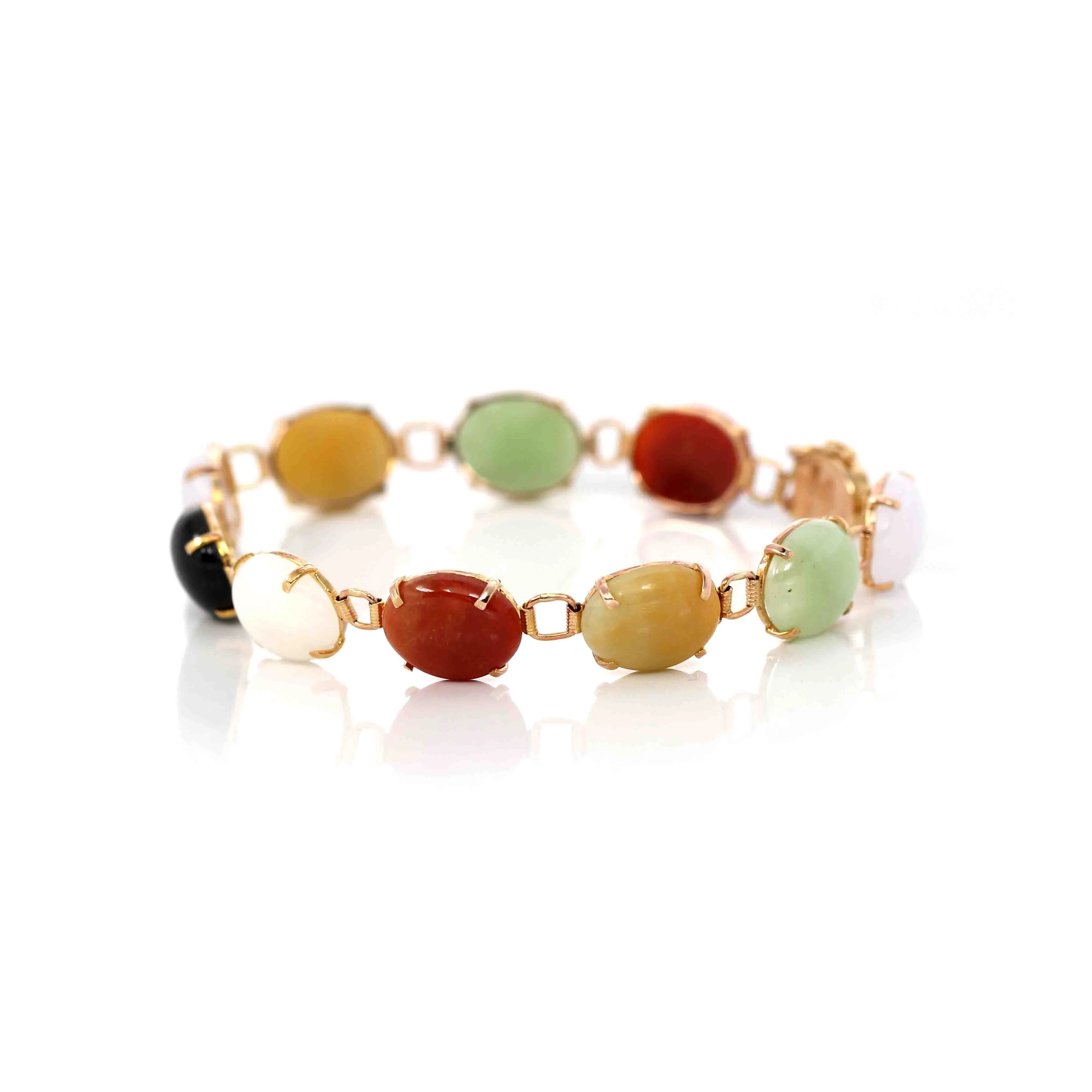 14k Yellow Gold Multi-Color Jadeite Jade Bracelet ( 7 in )