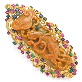 $15,000 Appraised 14K Gold Jadeite Jade, Ruby, Sapphire & Emerald Brooch Pin