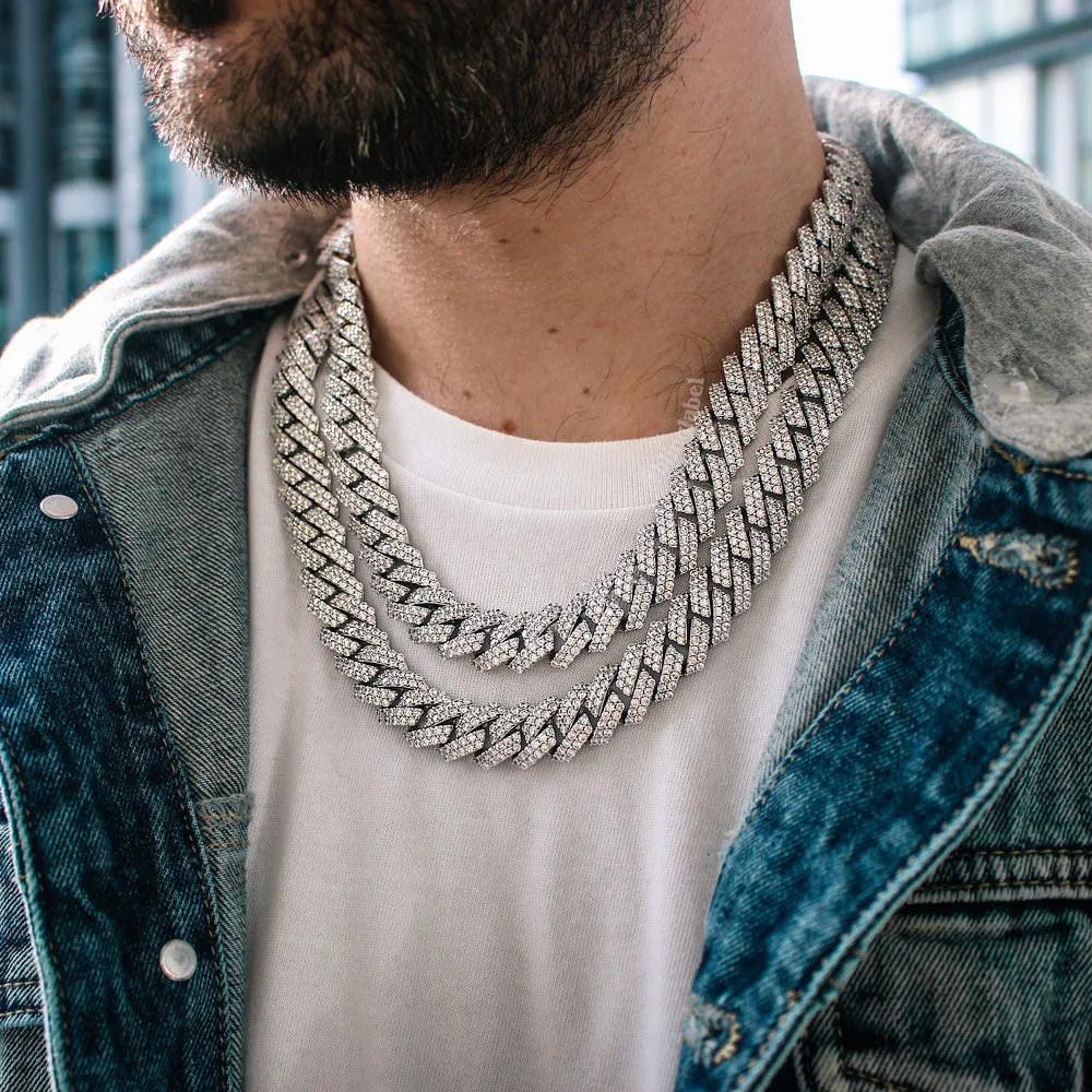 15mm Straight Edge Diamond Iced Cuban Link Chain in White Gold