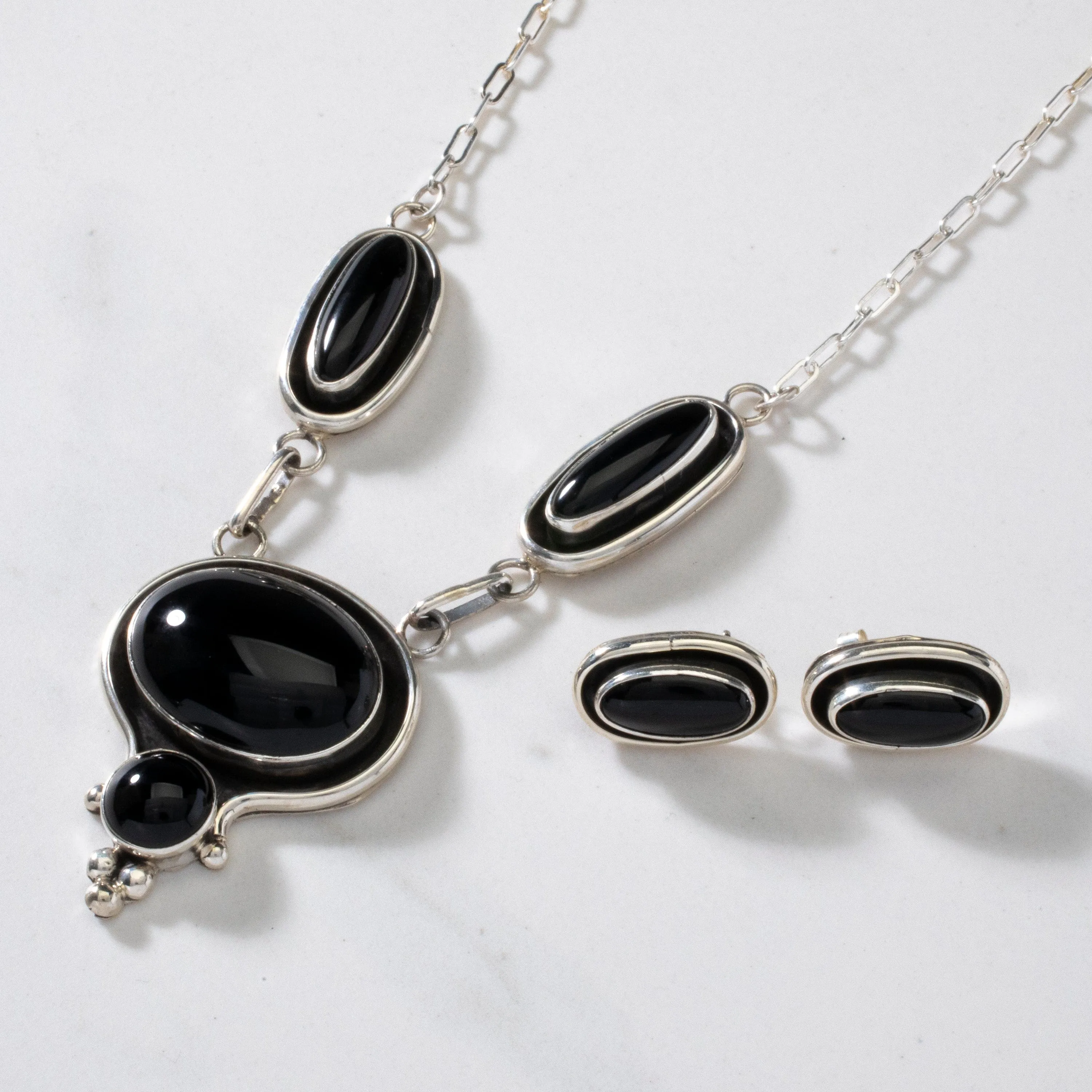 16 Paul Livingston Black Onyx Navajo USA Native American Made 925 Sterling Silver Choker Necklace & Earring Set