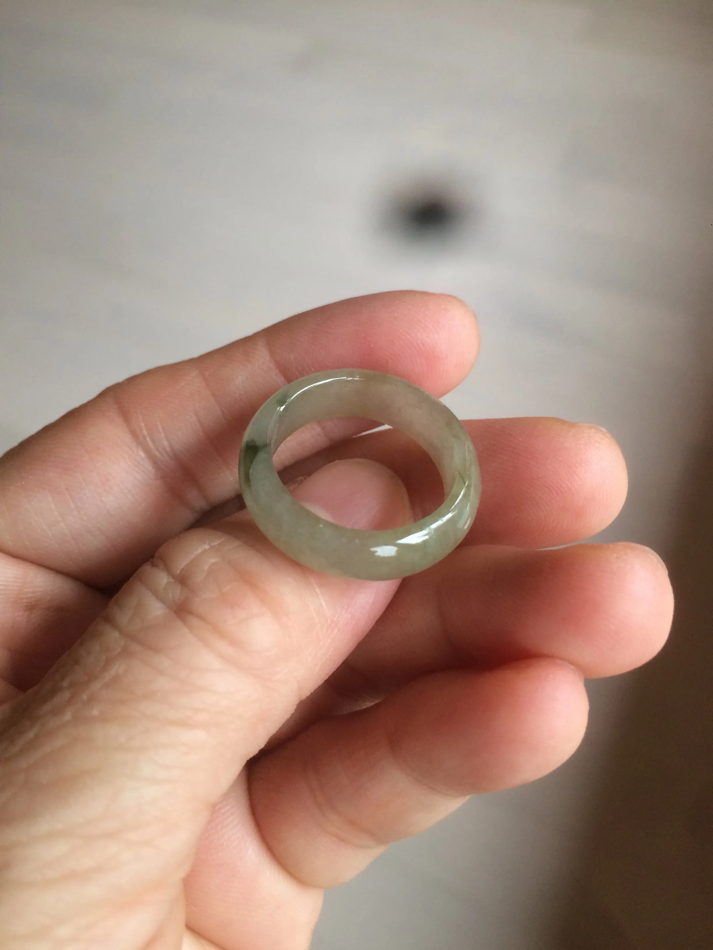 17.9mm size 7 3/4 100% natural type A icy watery dark green/gray jadeite jade band ring AZ94