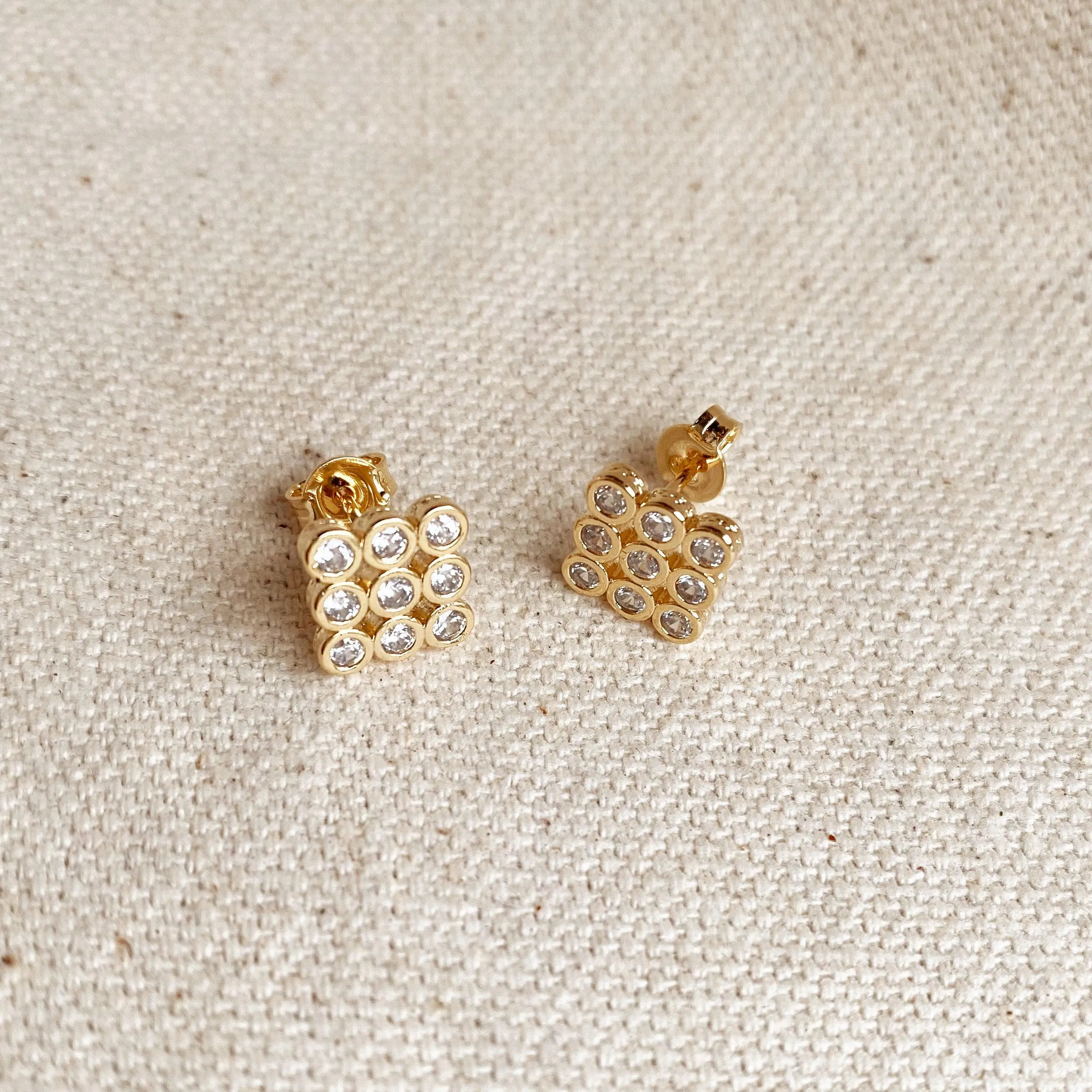 18k Gold Filled 3x3 Round Zirconia In Squared Stud Earrings