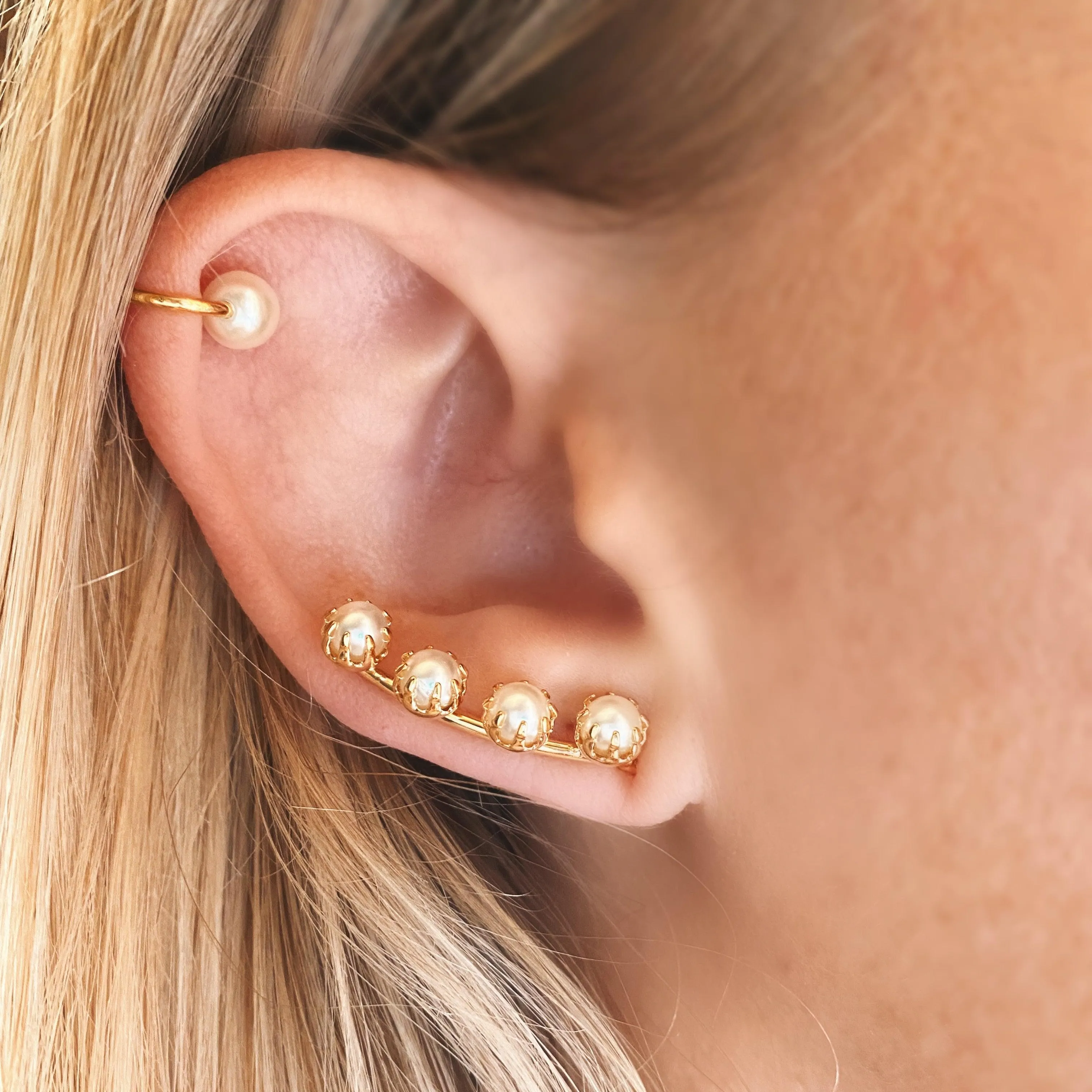 18k Gold Filled Pearl Ear Climber Style Earrings