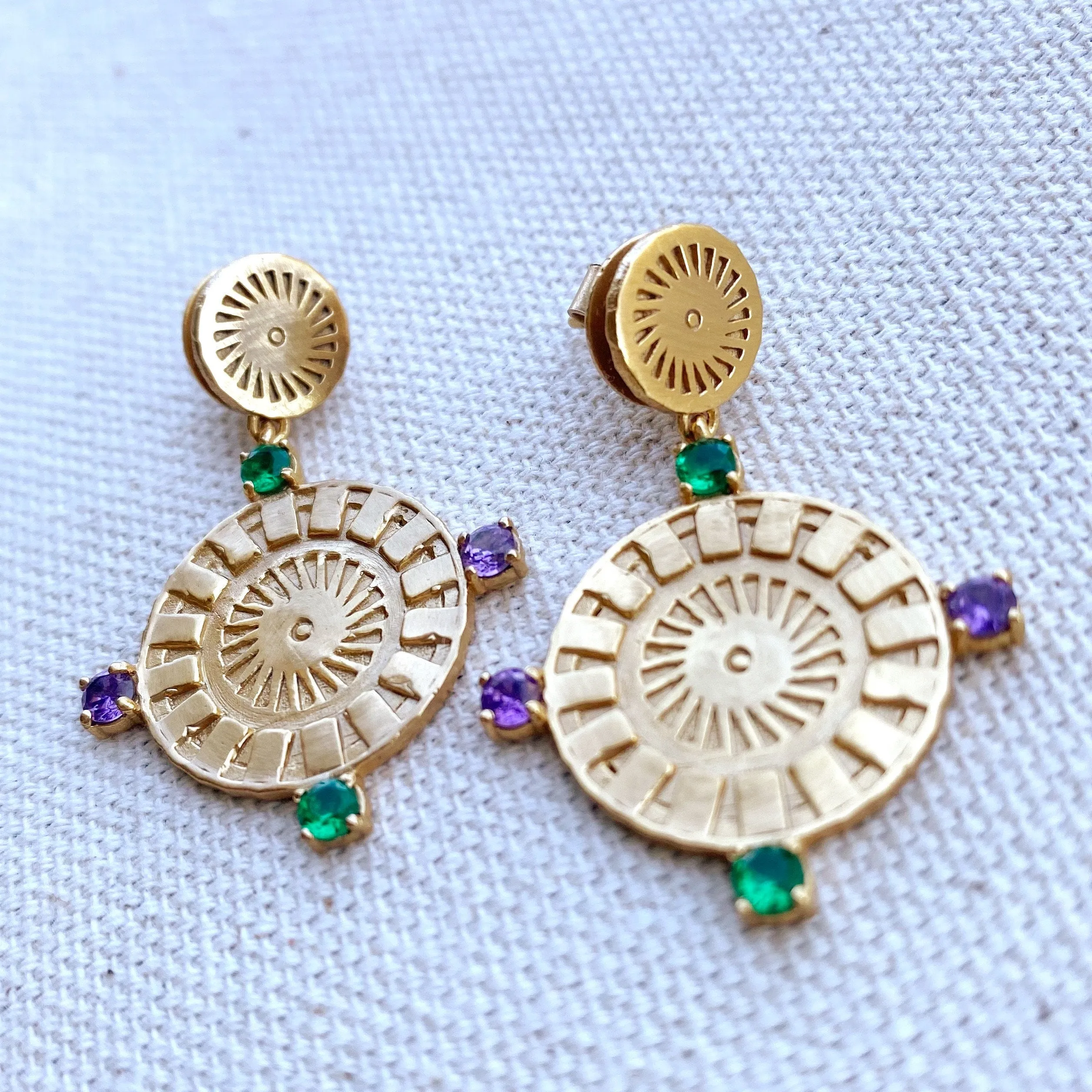 18k Gold Filled Sun Drop Emerald And Amethyst Cubic Zirconia Earrings