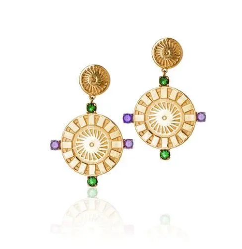 18k Gold Filled Sun Drop Emerald And Amethyst Cubic Zirconia Earrings