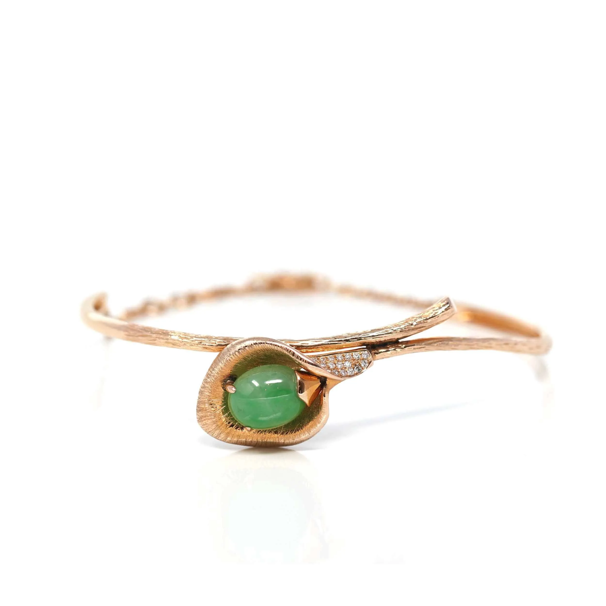 18k Rose Gold "Morning Glory" Half Bracelet Bangle with Green Imperial Jade & Diamonds