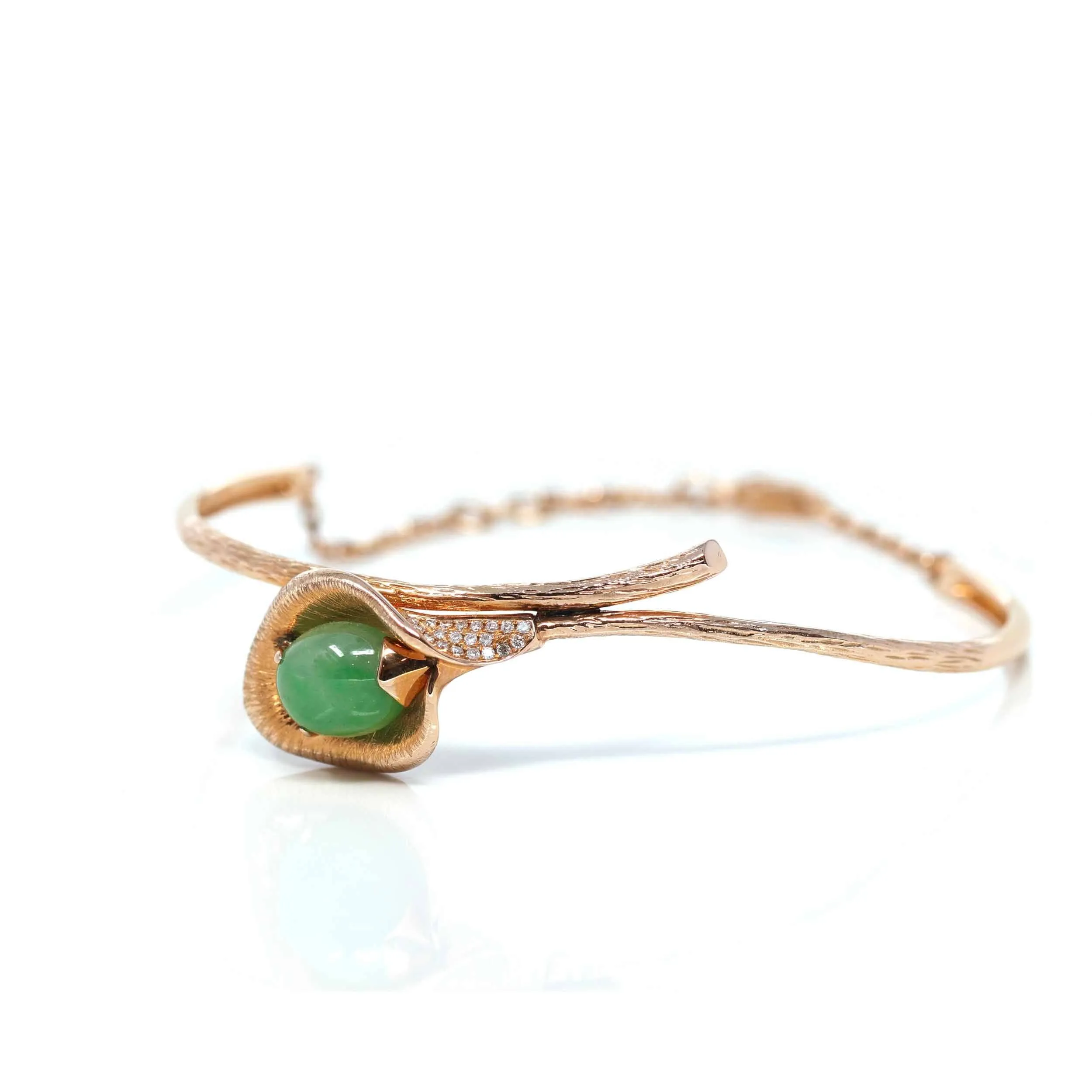 18k Rose Gold "Morning Glory" Half Bracelet Bangle with Green Imperial Jade & Diamonds