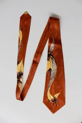 1940s Brown Yellow Abstract Print Rayon Necktie