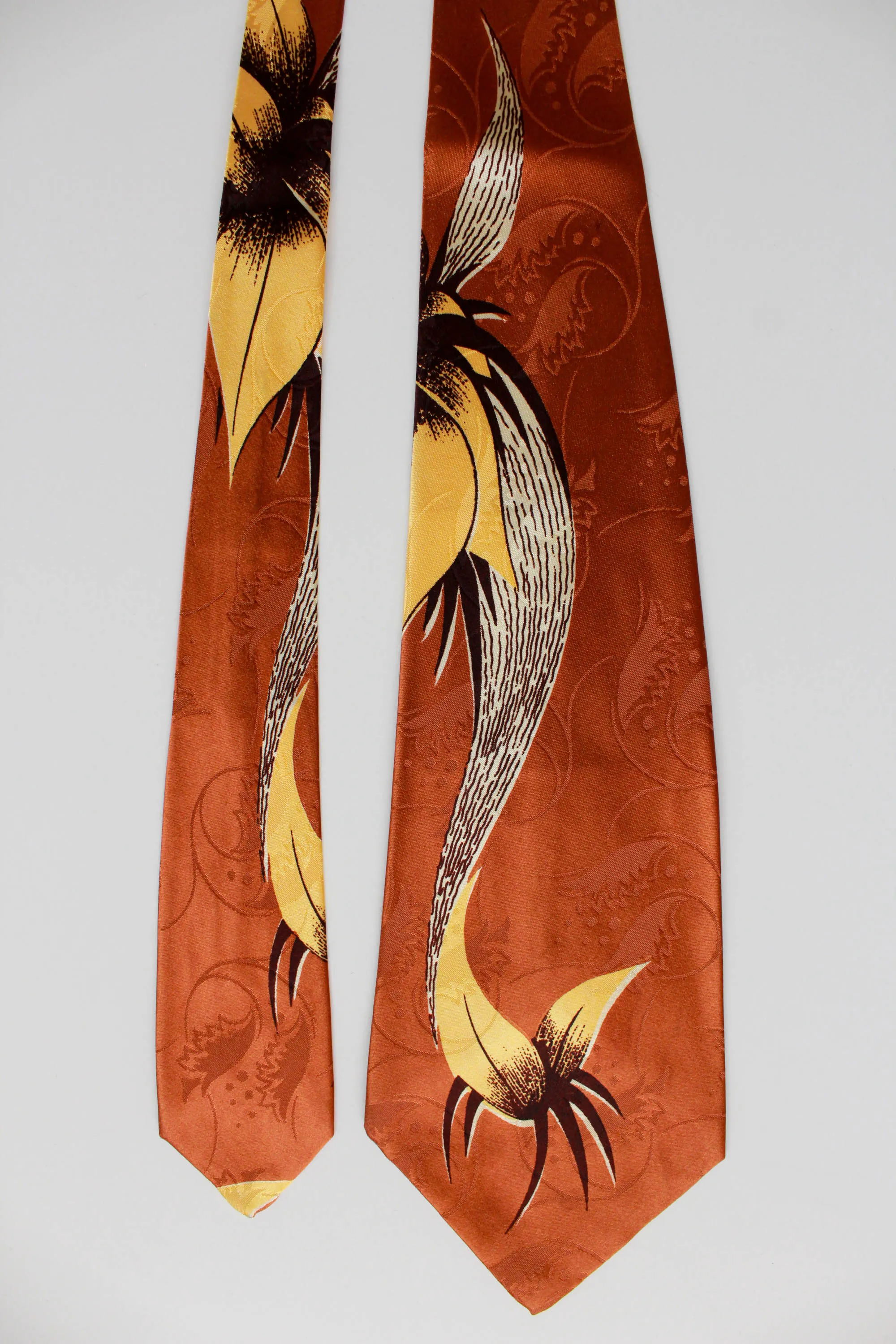 1940s Brown Yellow Abstract Print Rayon Necktie