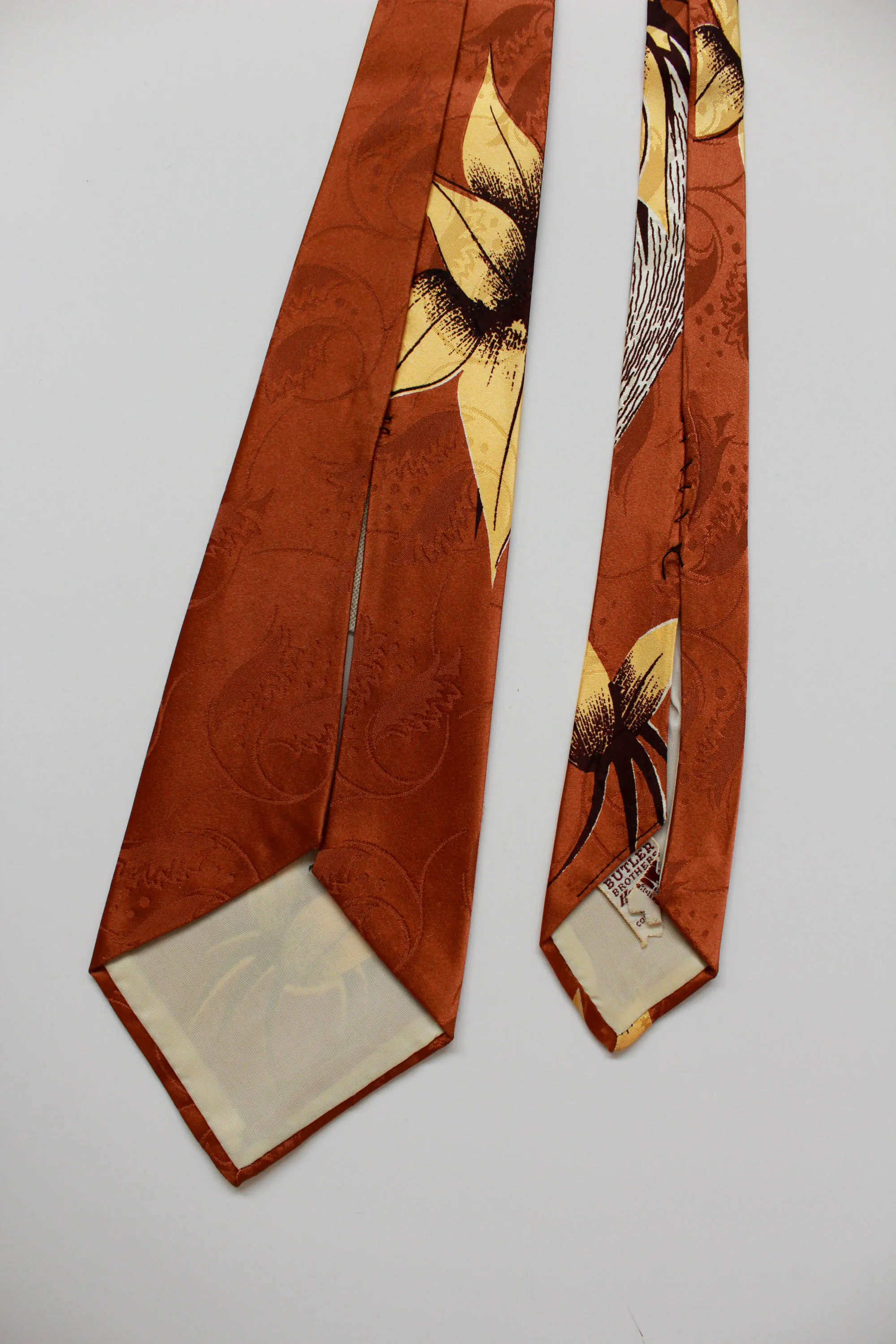 1940s Brown Yellow Abstract Print Rayon Necktie