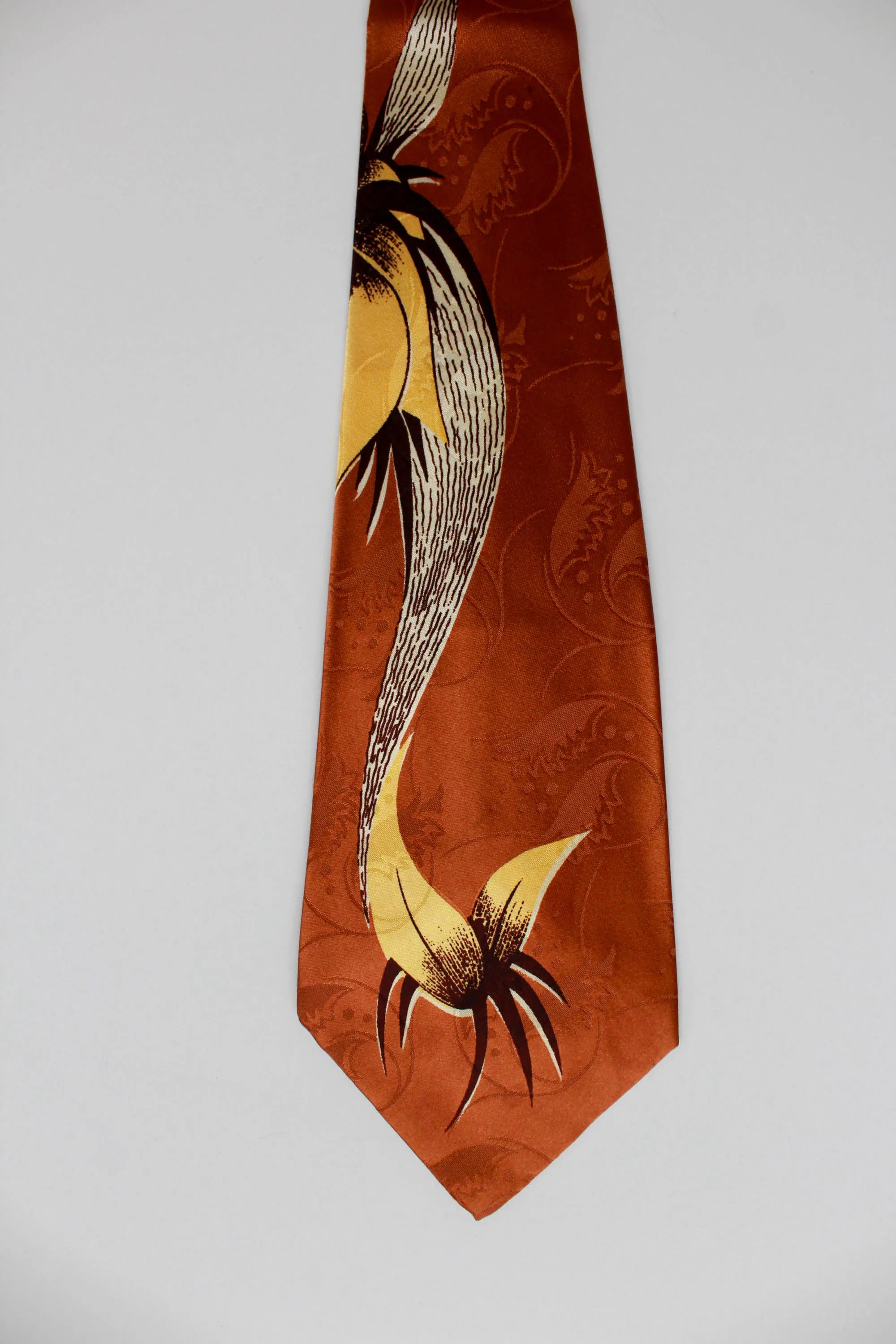 1940s Brown Yellow Abstract Print Rayon Necktie