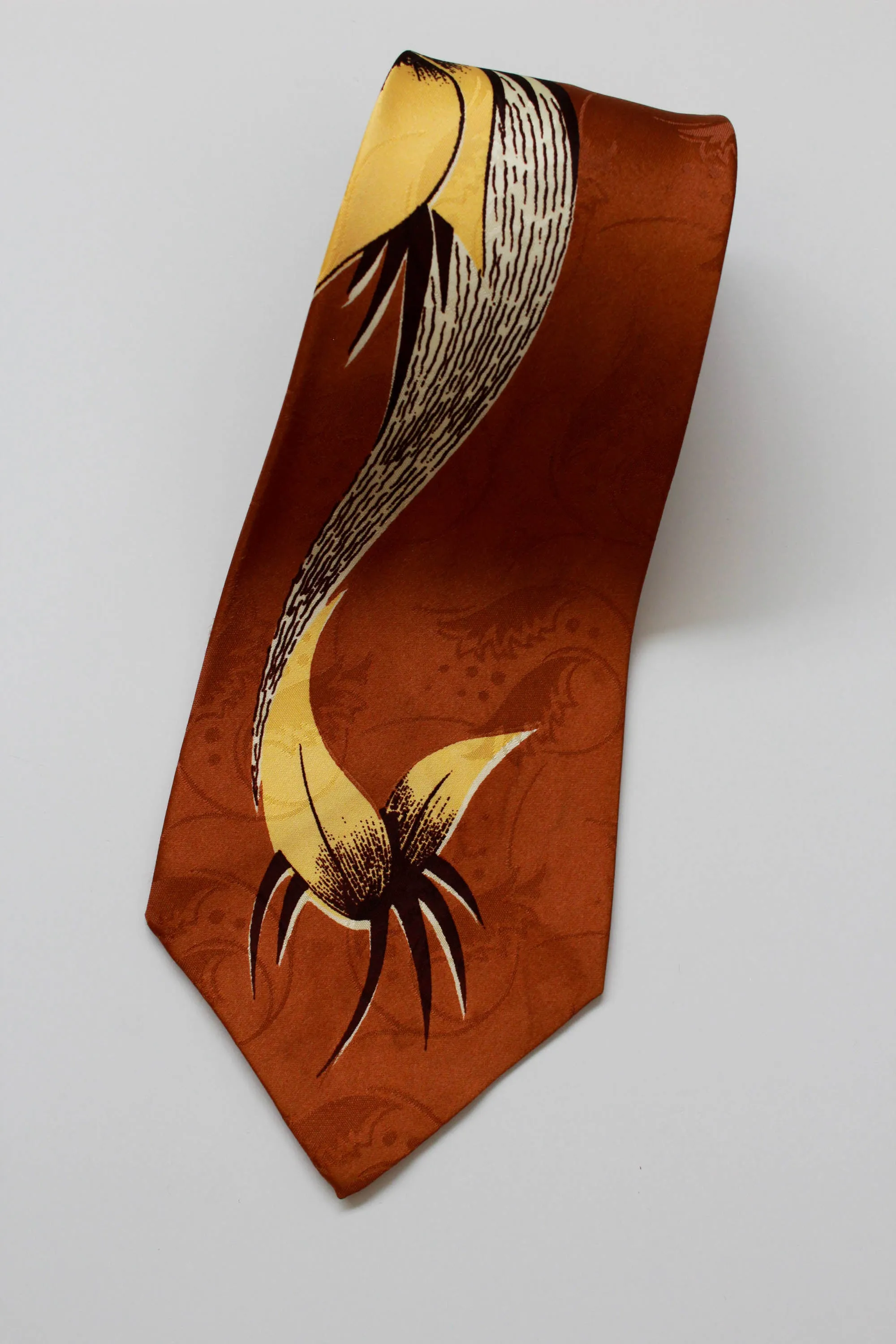 1940s Brown Yellow Abstract Print Rayon Necktie