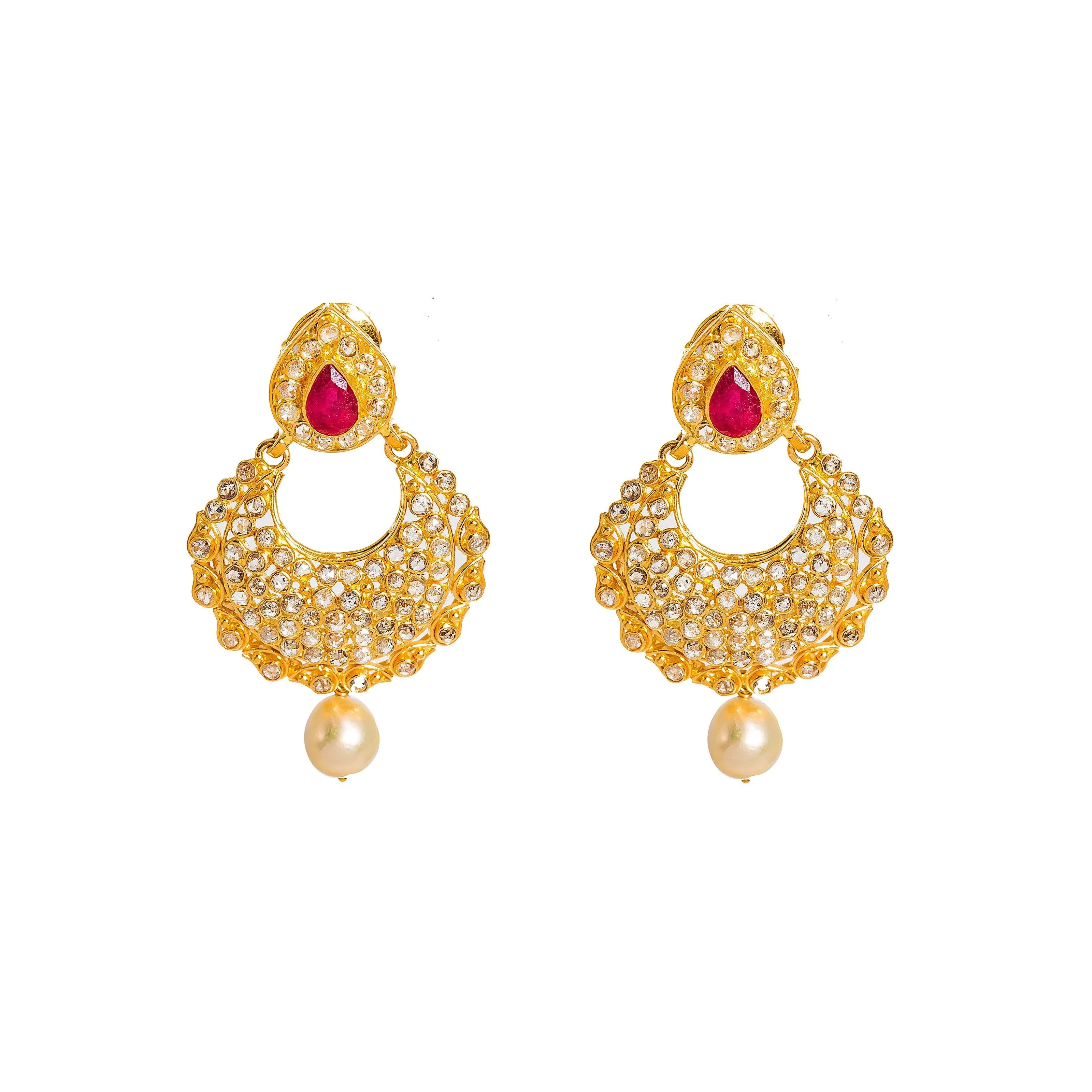 22K Yellow Gold Diamond Necklace & Earrings Set W/ 17.6ct Uncut Diamonds, Rubies, Pearls, Laxmi Kasu & Open Pendant