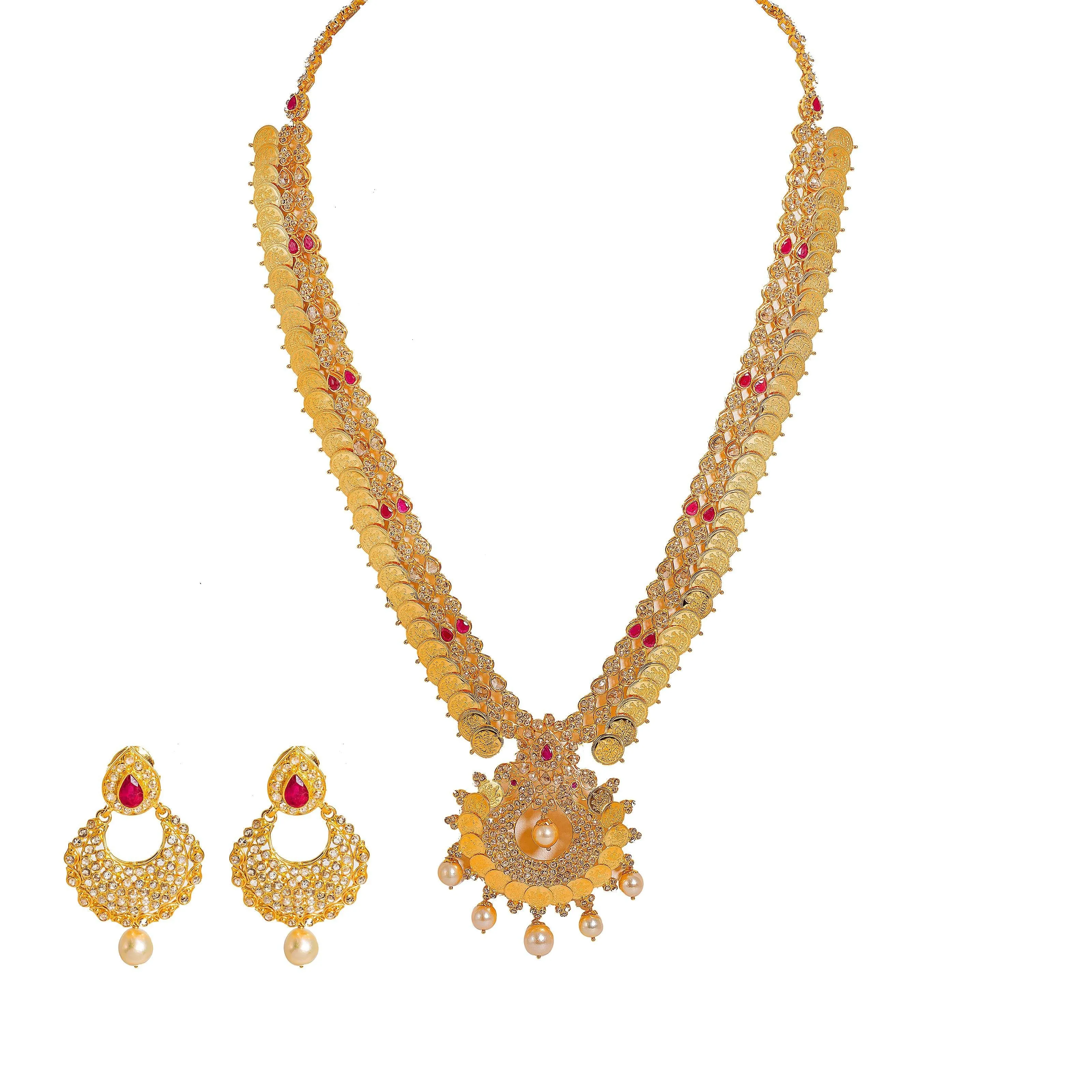 22K Yellow Gold Diamond Necklace & Earrings Set W/ 17.6ct Uncut Diamonds, Rubies, Pearls, Laxmi Kasu & Open Pendant