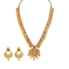 22K Yellow Gold Diamond Necklace & Earrings Set W/ 17.6ct Uncut Diamonds, Rubies, Pearls, Laxmi Kasu & Open Pendant