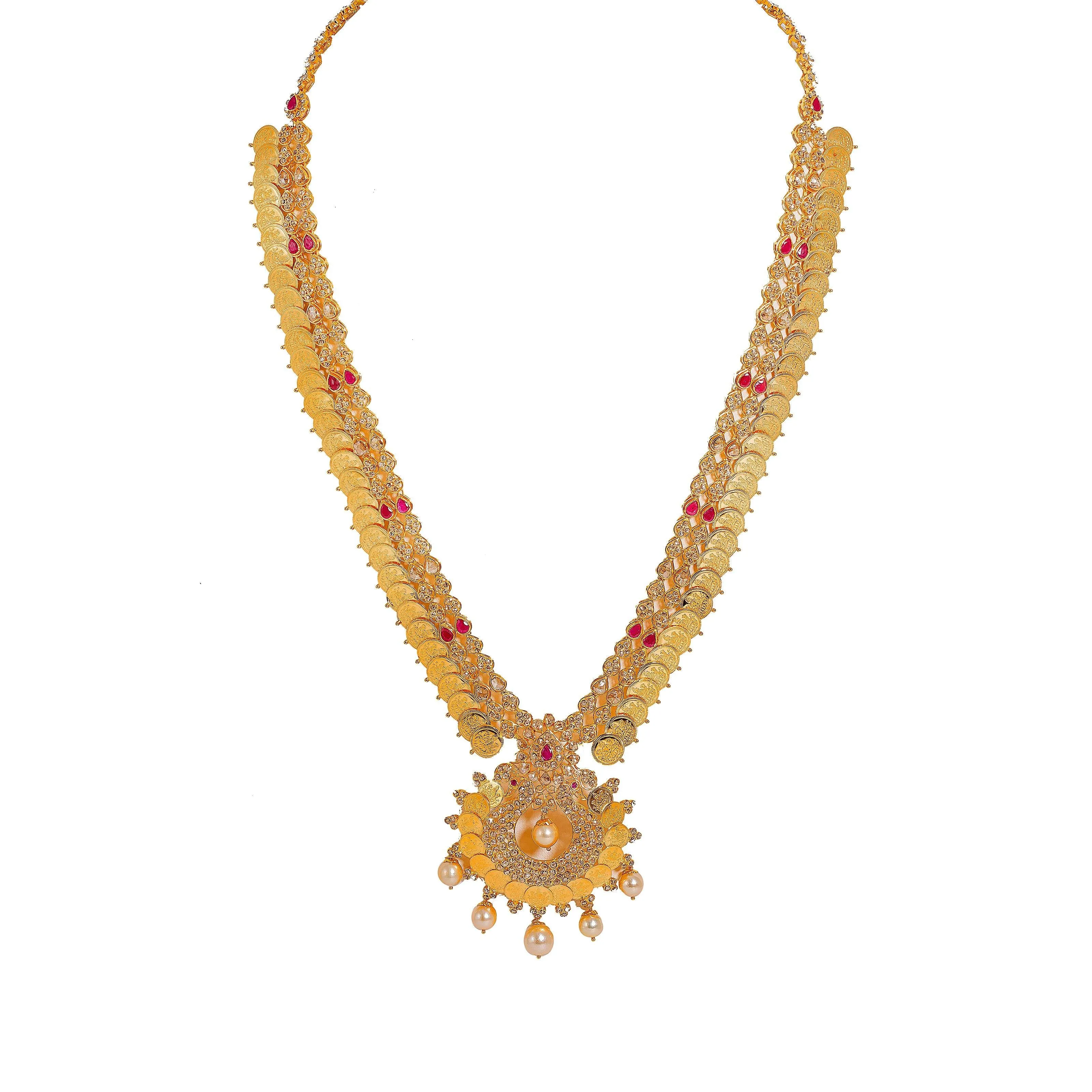 22K Yellow Gold Diamond Necklace & Earrings Set W/ 17.6ct Uncut Diamonds, Rubies, Pearls, Laxmi Kasu & Open Pendant