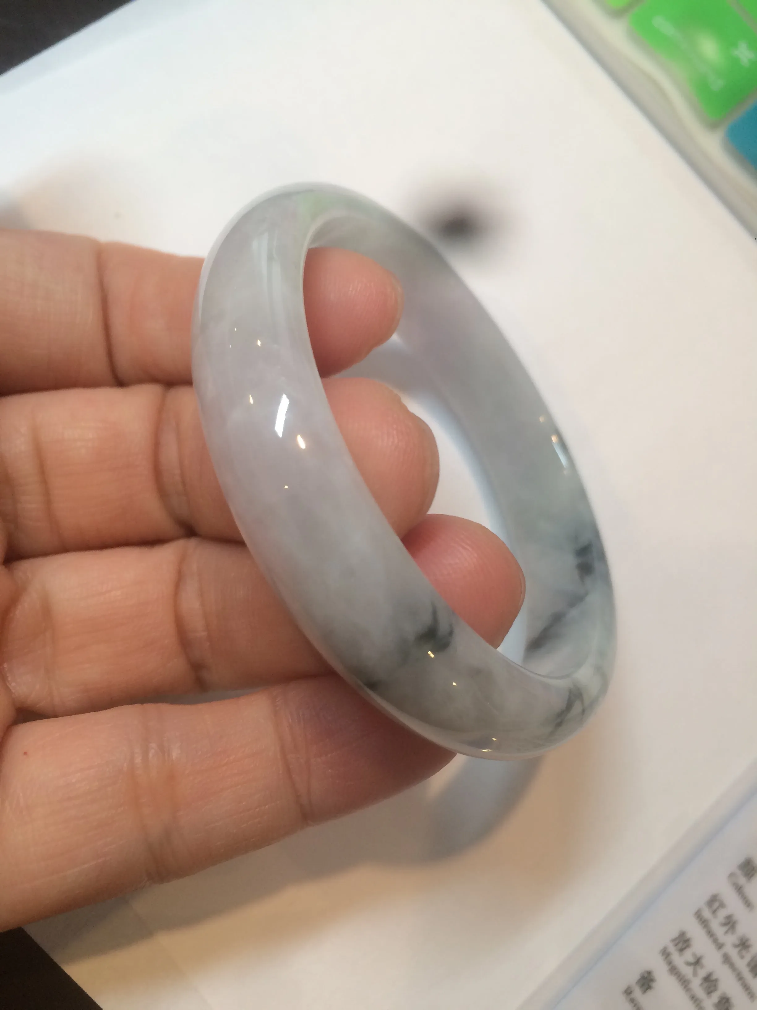 51mm Certified Type A 100% Natural light purple/white with green floating flowers oval Jadeite Jade bangle N91-2400