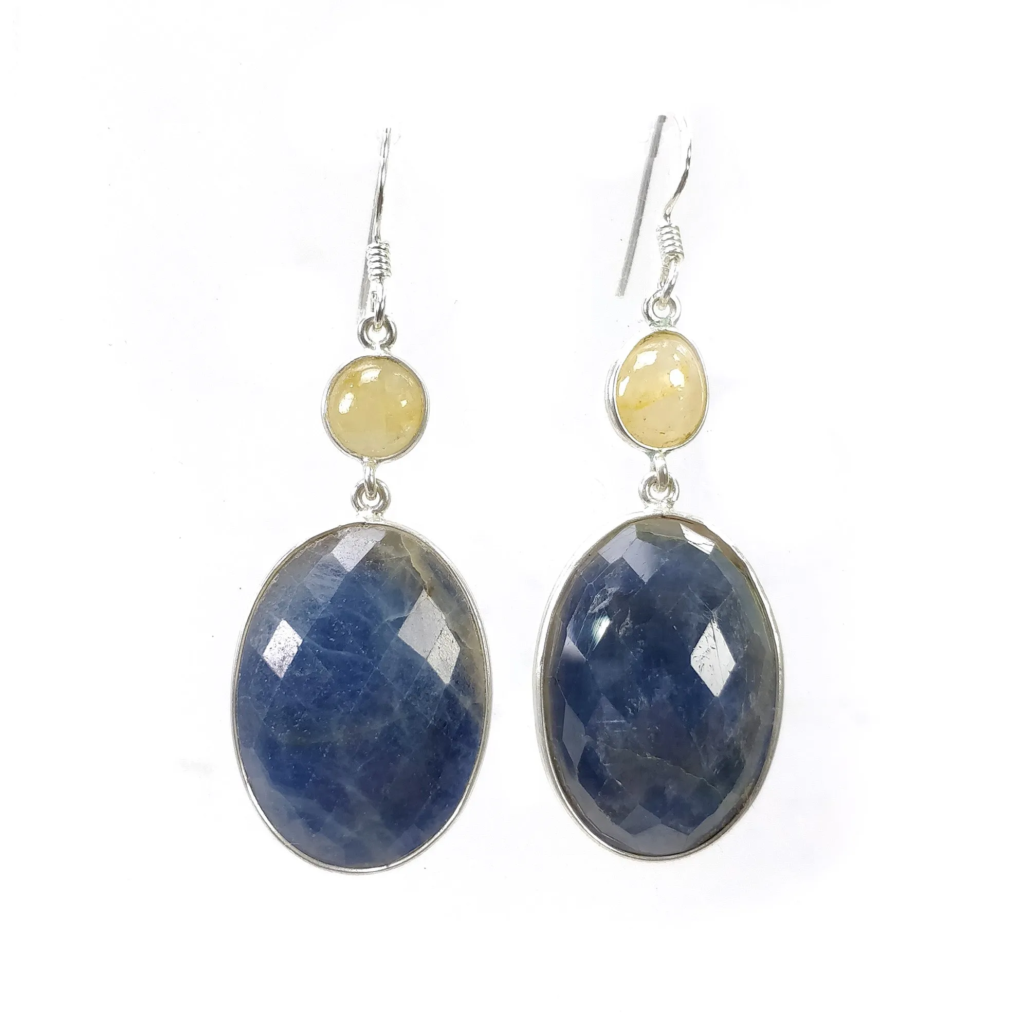 925 Sterling Silver BLUE YELLOW SAPPHIRE Bezel Set Earrings : 12.50gms Natural Untreated Drop Dangle Hook Earrings 2.25"