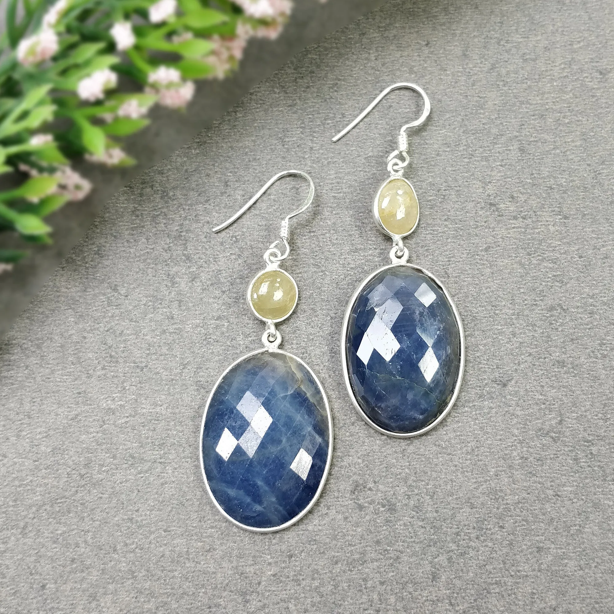 925 Sterling Silver BLUE YELLOW SAPPHIRE Bezel Set Earrings : 12.50gms Natural Untreated Drop Dangle Hook Earrings 2.25"