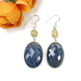 925 Sterling Silver BLUE YELLOW SAPPHIRE Bezel Set Earrings : 12.50gms Natural Untreated Drop Dangle Hook Earrings 2.25"