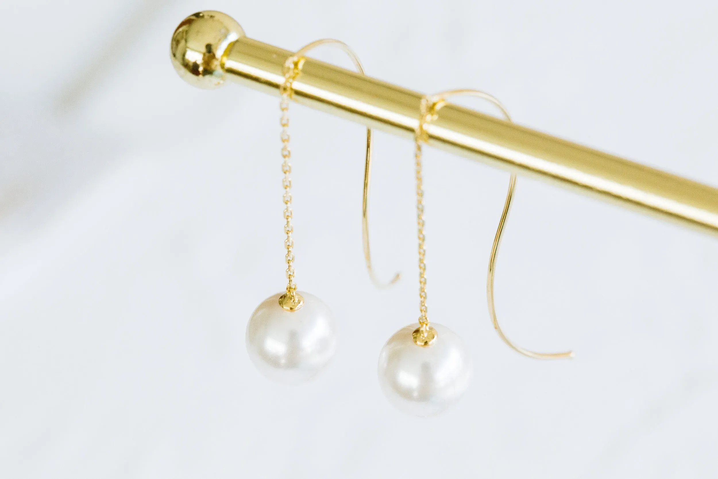 925 Sterling Silver Ear Studs Curved Long Wire Pin Dangling Simulated Pearl Cahin Earrings